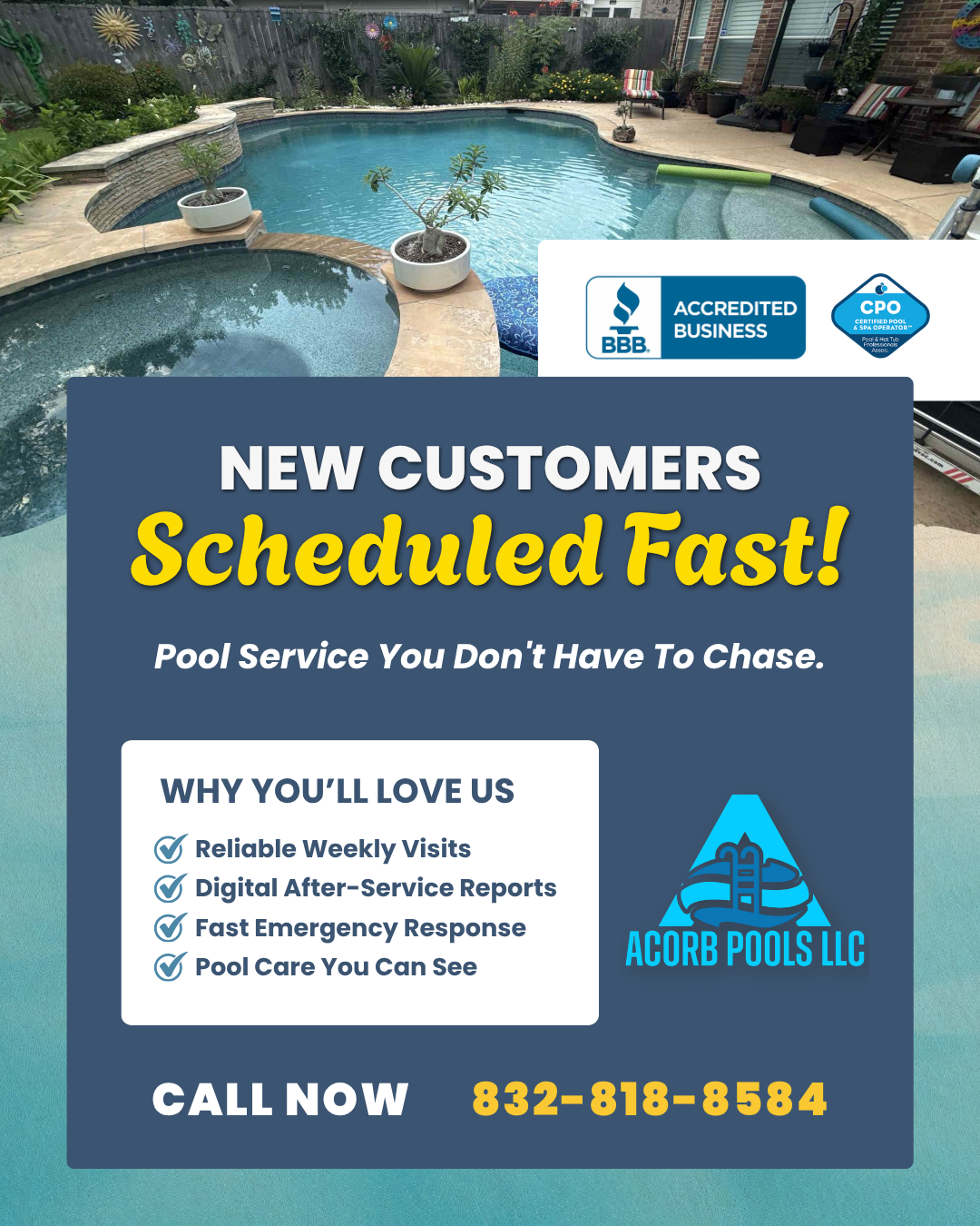 ACORB POOLS Facebook ad: Pool Service Scheduled Fast!