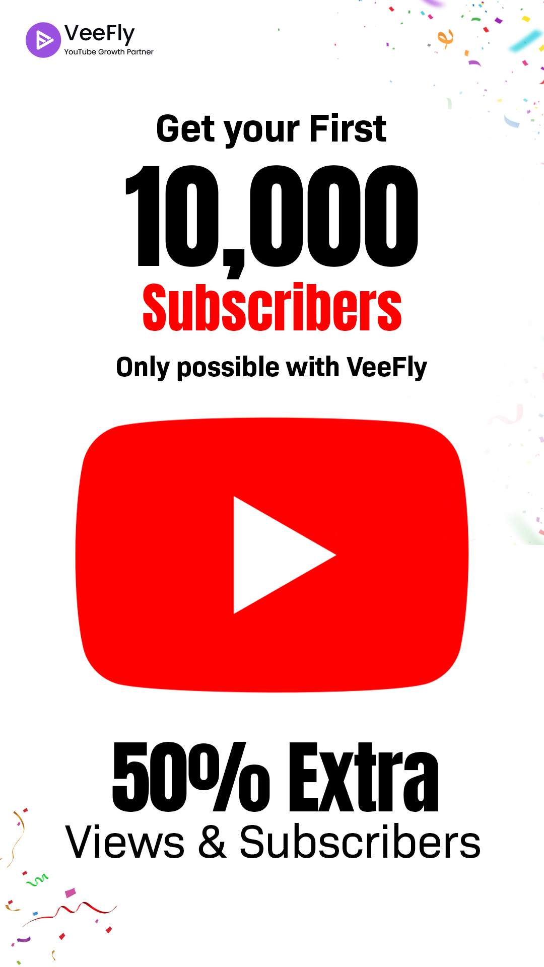 VeeFly Facebook ad: Get 50% Extra Views & Subs
