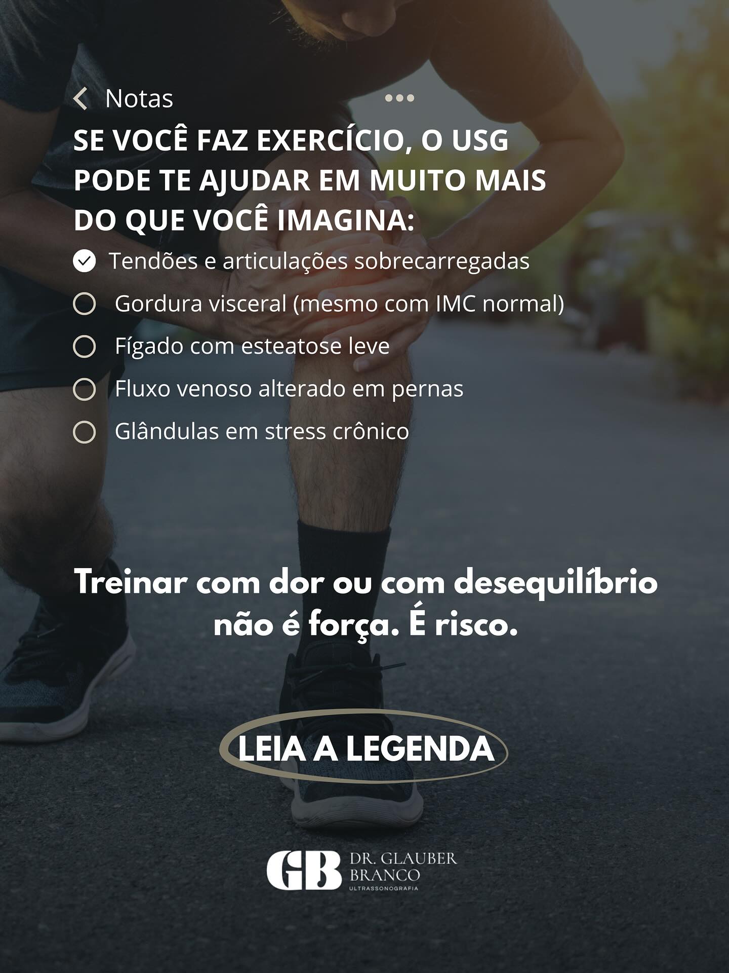 Dr Glauber Branco Facebook ad: Treinar com dor ou desequilíbrio não é força.