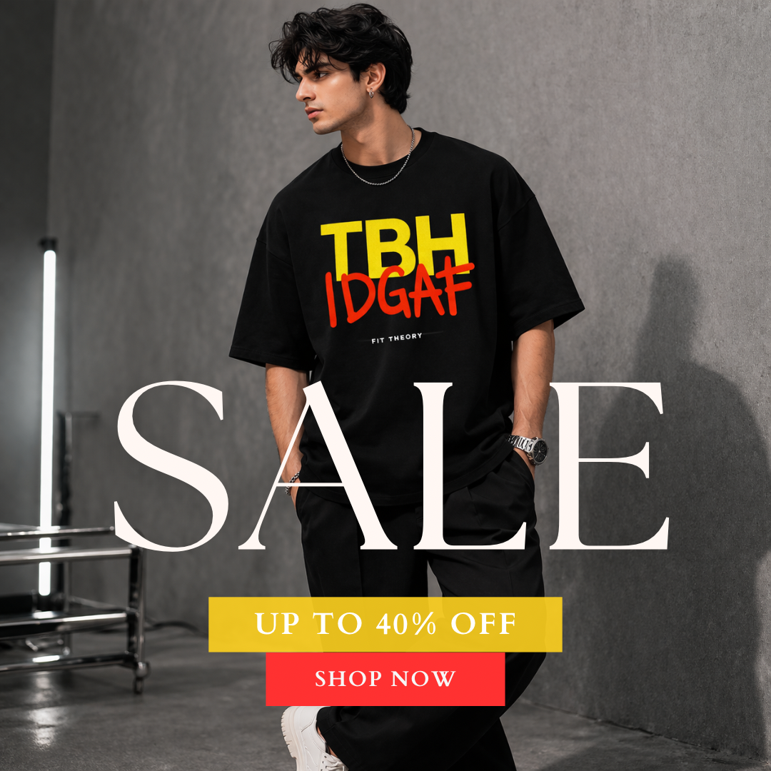 the.fit.theory Facebook ad: Men's Oversized Tees, ₹1,599 Now ₹999