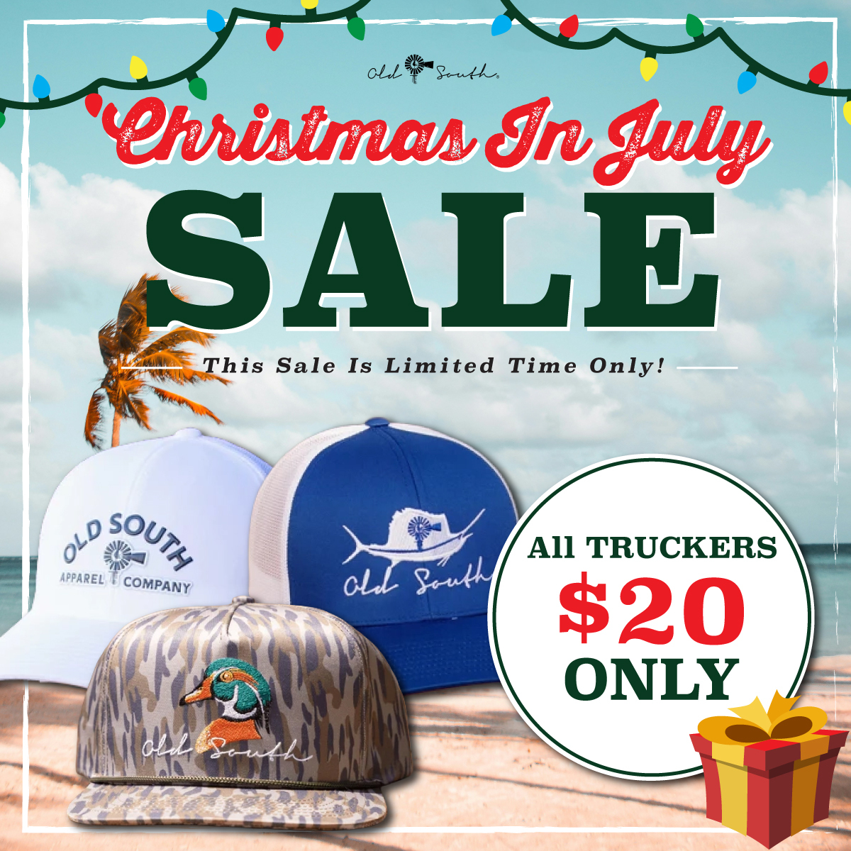 Old South Apparel Facebook ad: UP TO 50% OFF. Christmas in July Sale!