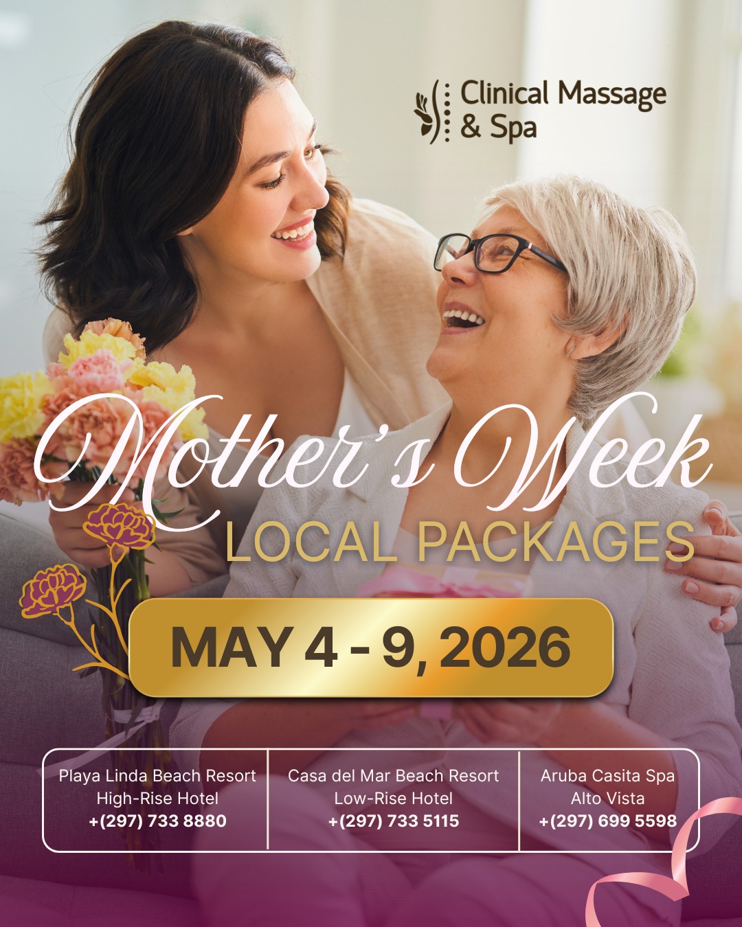 Clinical Massage & Spa Aruba Facebook ad: Three curated packages, three locations, and one standard…