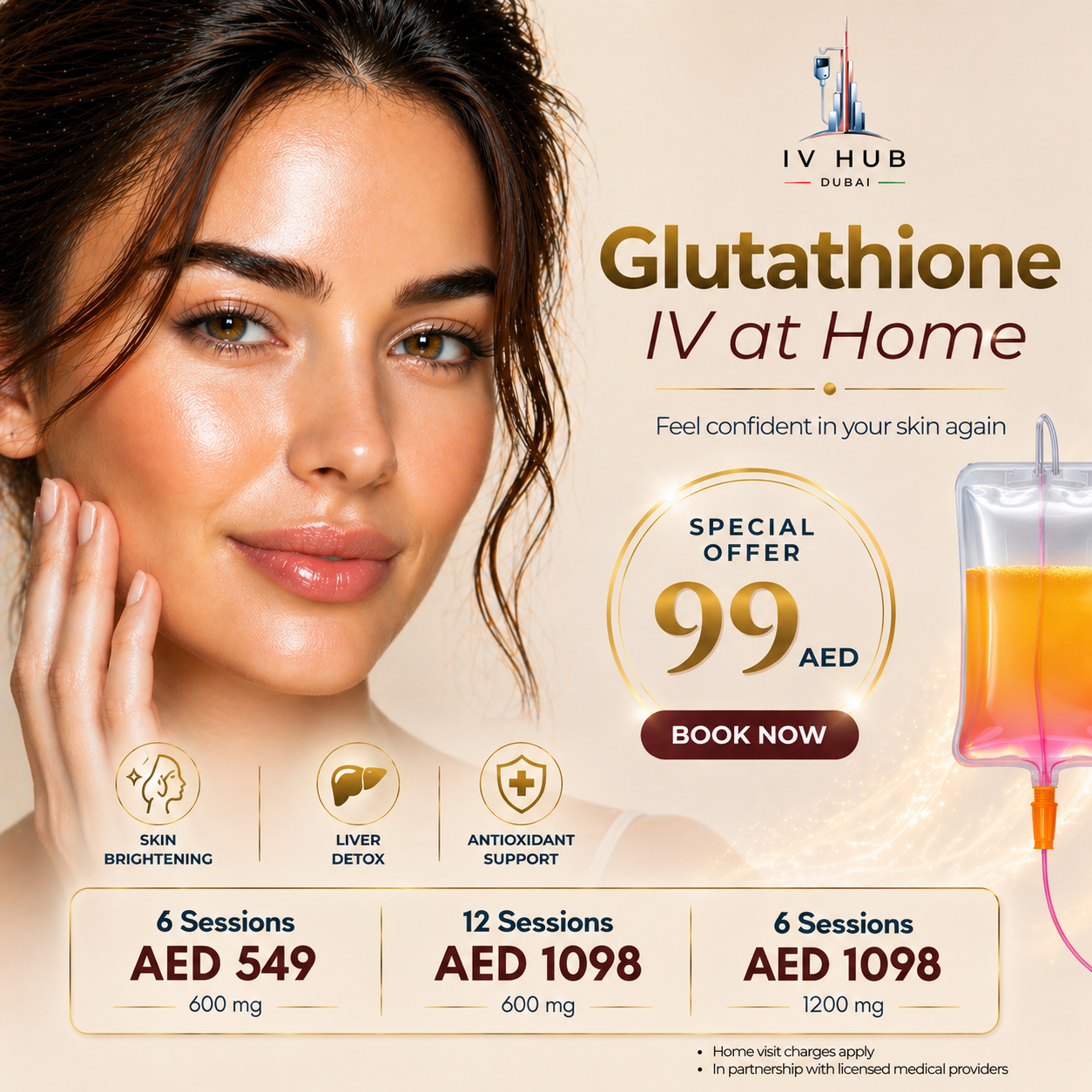 IV Hub UAE Facebook ad: Glow from within with our Glutathione IV therapy…
