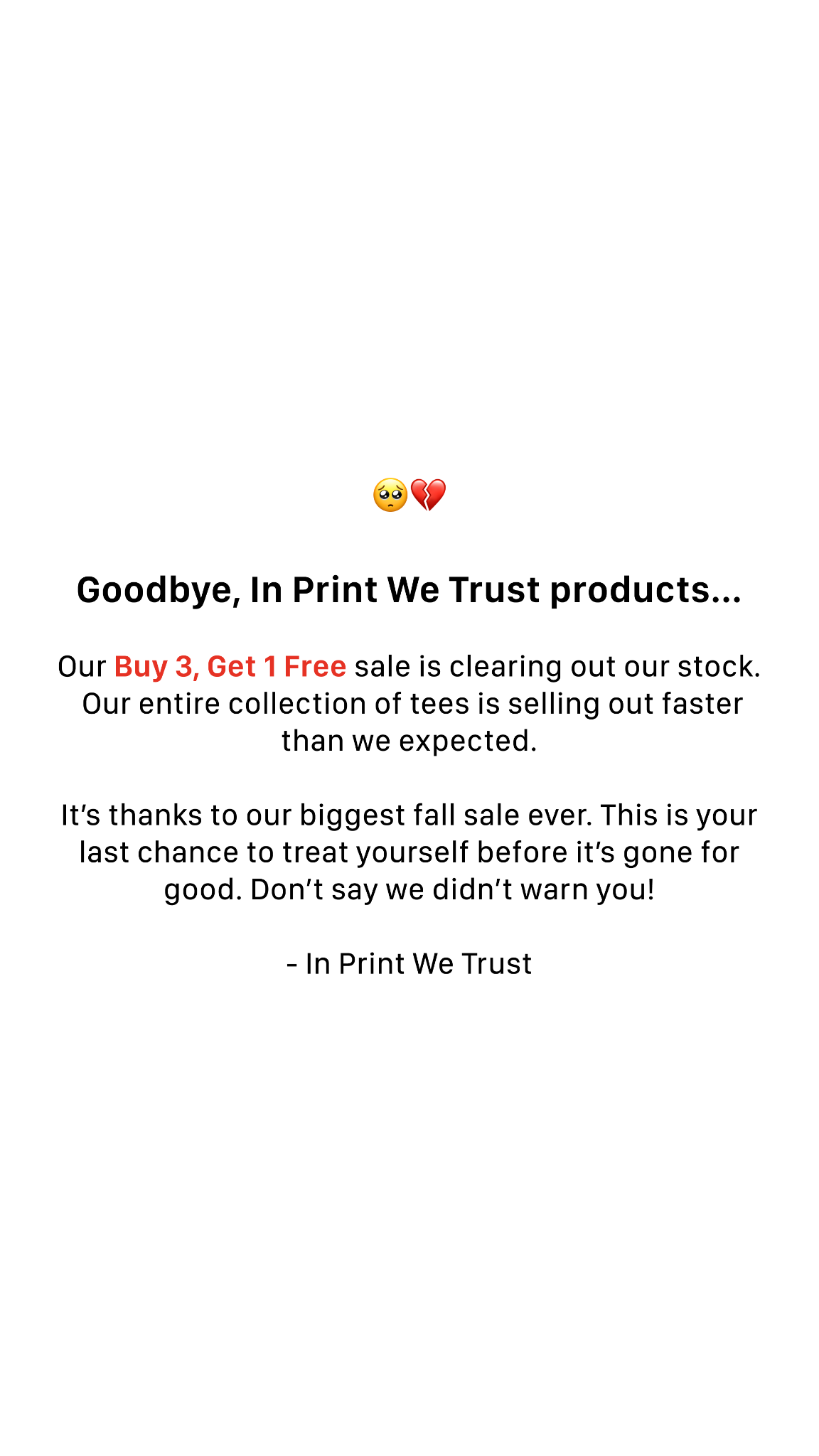 In Print We Trust Facebook ad: Just Restocked After 4 Months