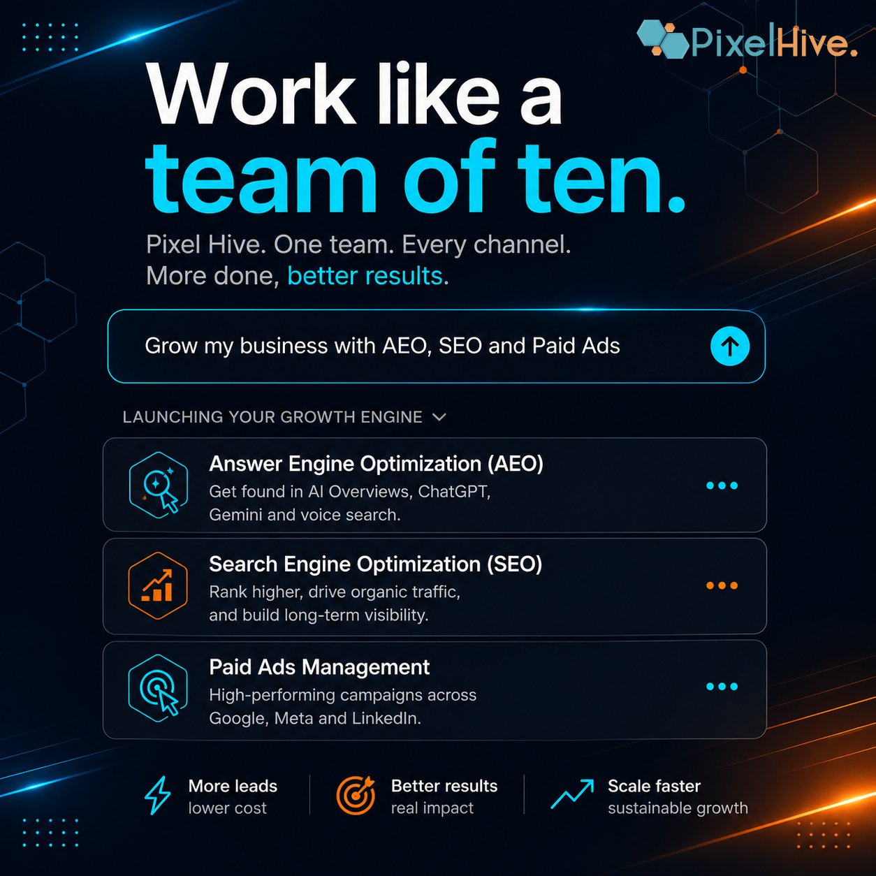 Pixel Hive Facebook ad: Your Business Needs One Team