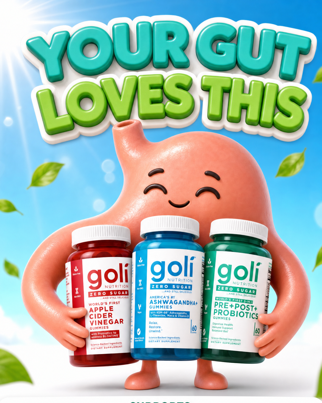 Goli Facebook ad: Digestion, Gut & Stress in Three Gummies