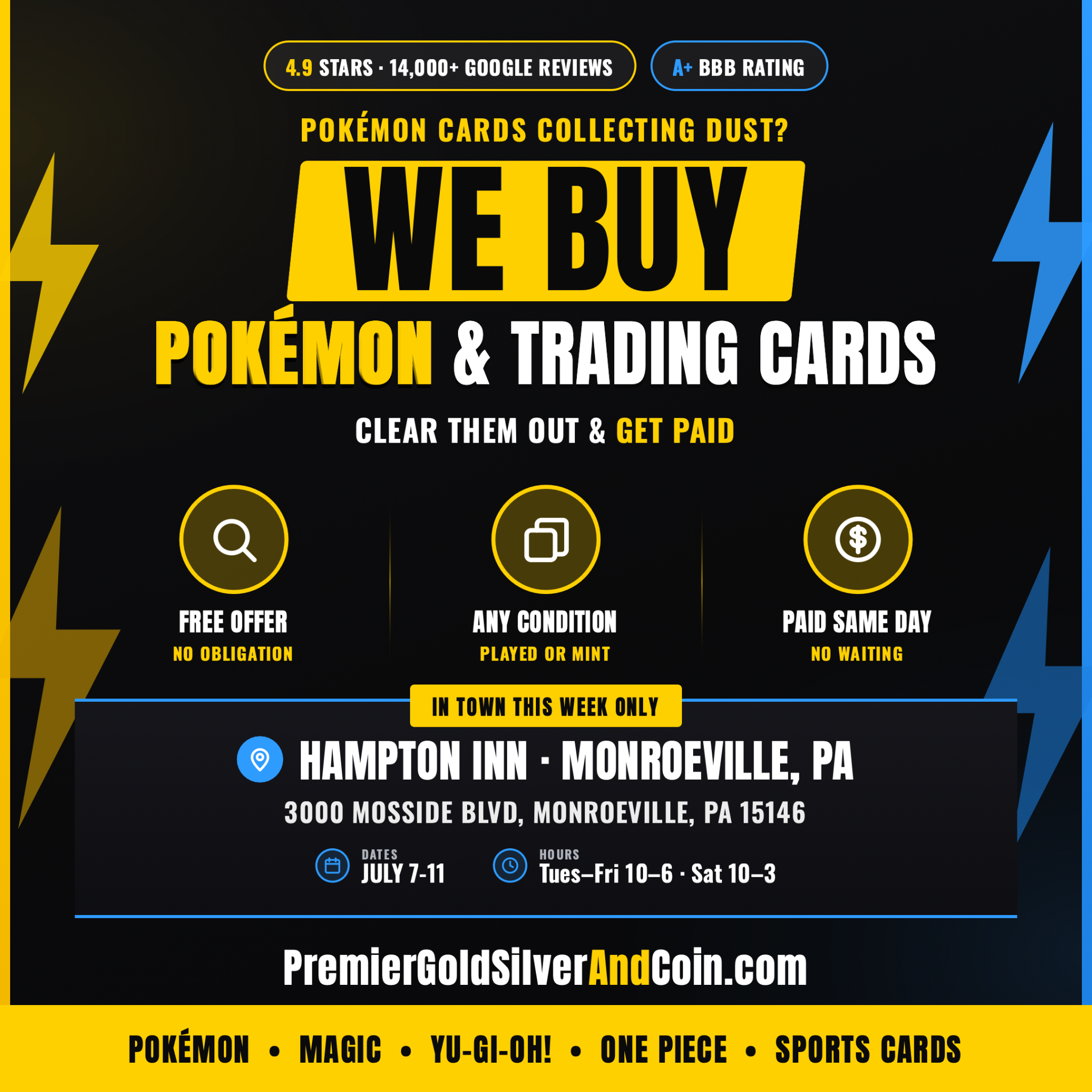 Premier Gold, Silver, and Coin Facebook ad: We Buy Trading Cards, Monroeville PA