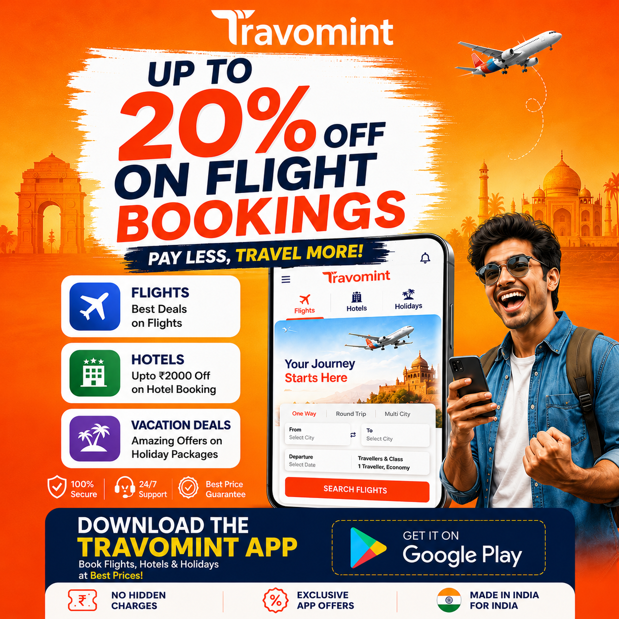 Travomint Facebook ad: Up to 20% OFF on Flights