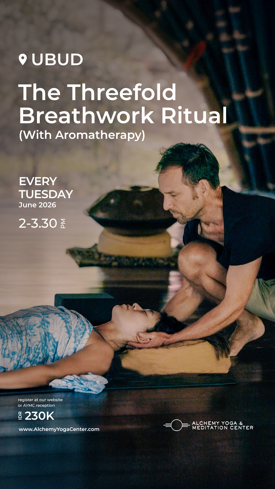 Alchemy Yoga Center Ubud Facebook ad: The Threefold Breathwork Ritual (With Aromatherapy)