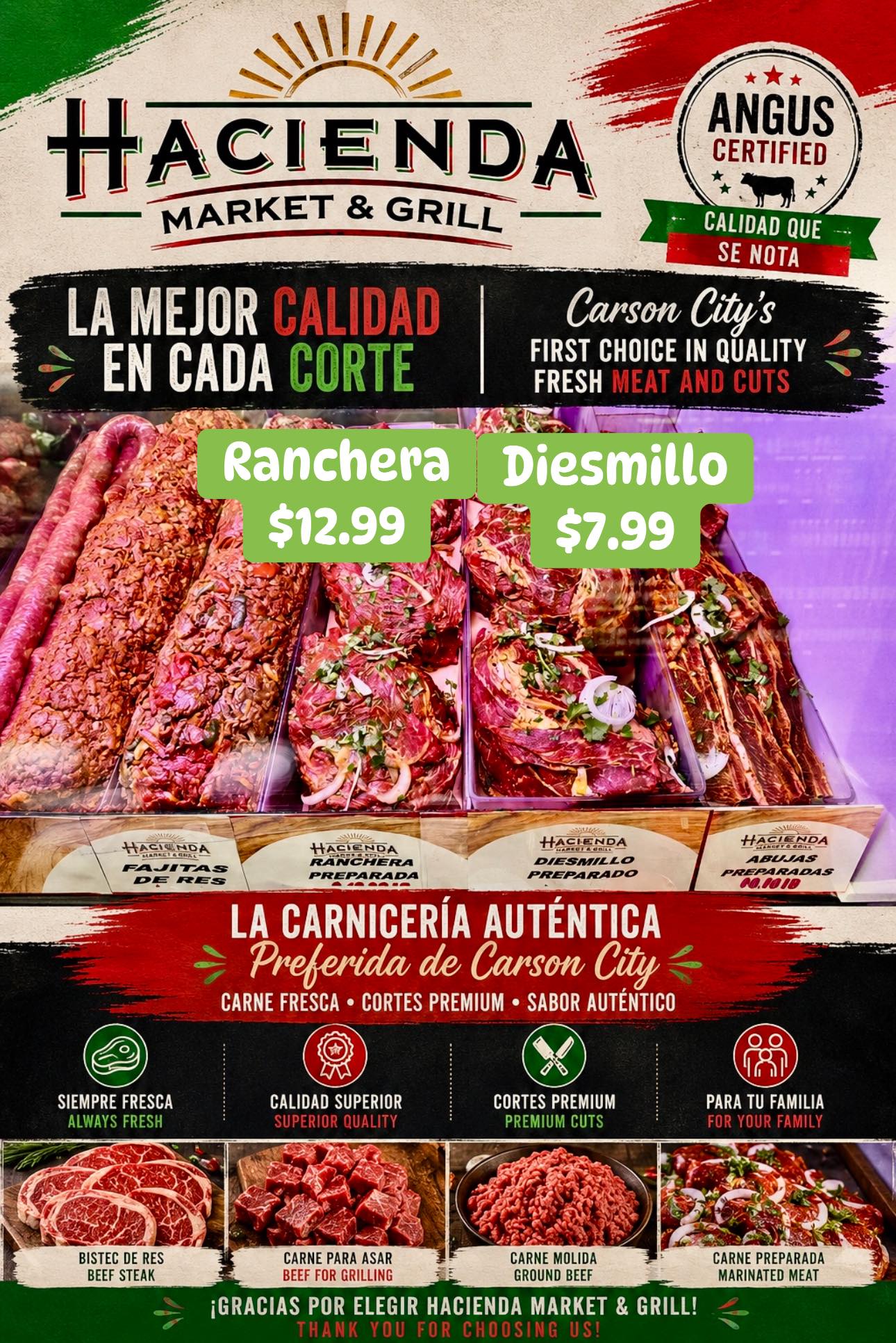 Hacienda Market and Grill Facebook ad: Weekend specials on certified Angus beef!
