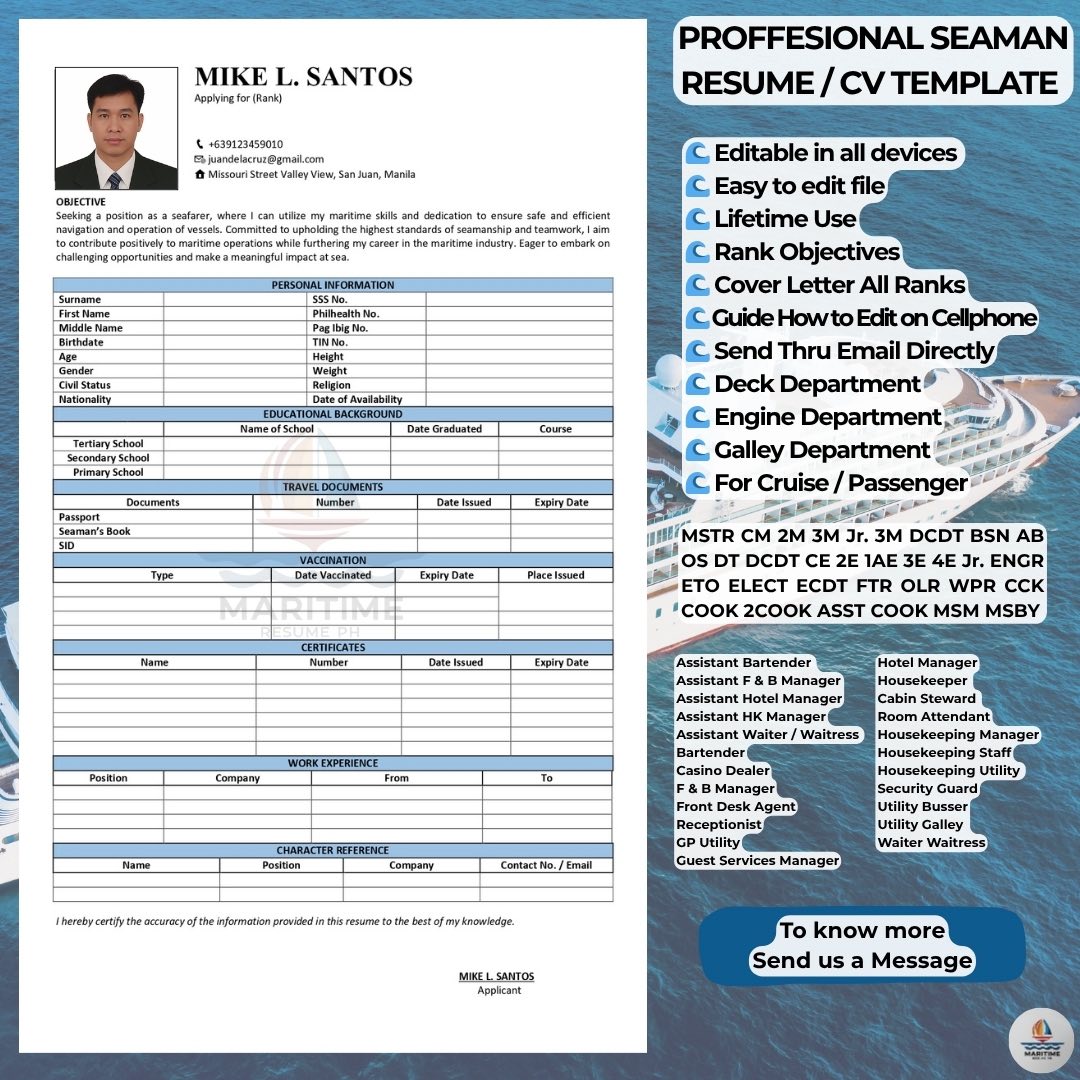 Maritime Resume PHL Facebook ad: Professional CV/Resume Templates for All Seafarers