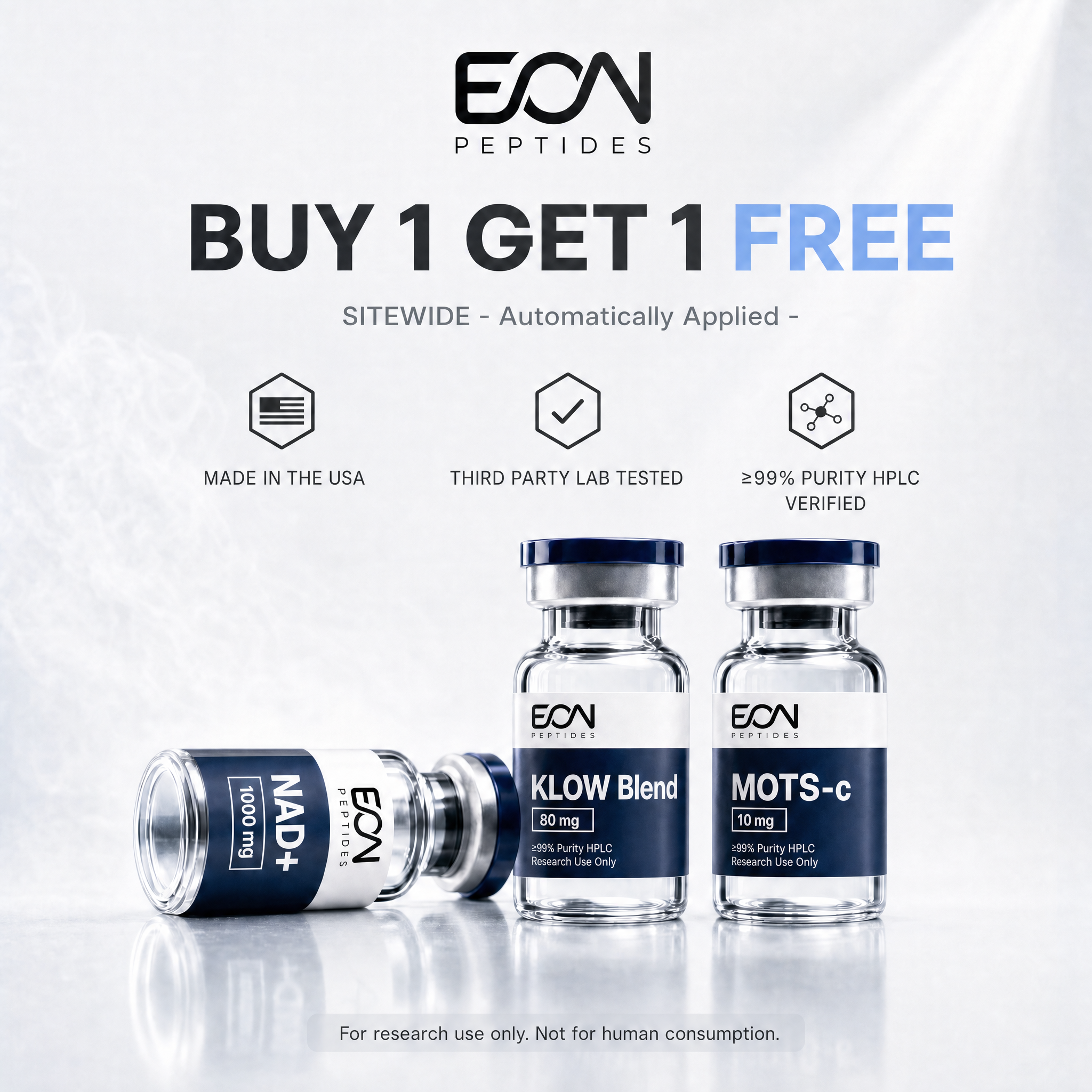 Eon Research Facebook ad: Premium Purity. Buy 1 Get 1 Free. Made in USA.