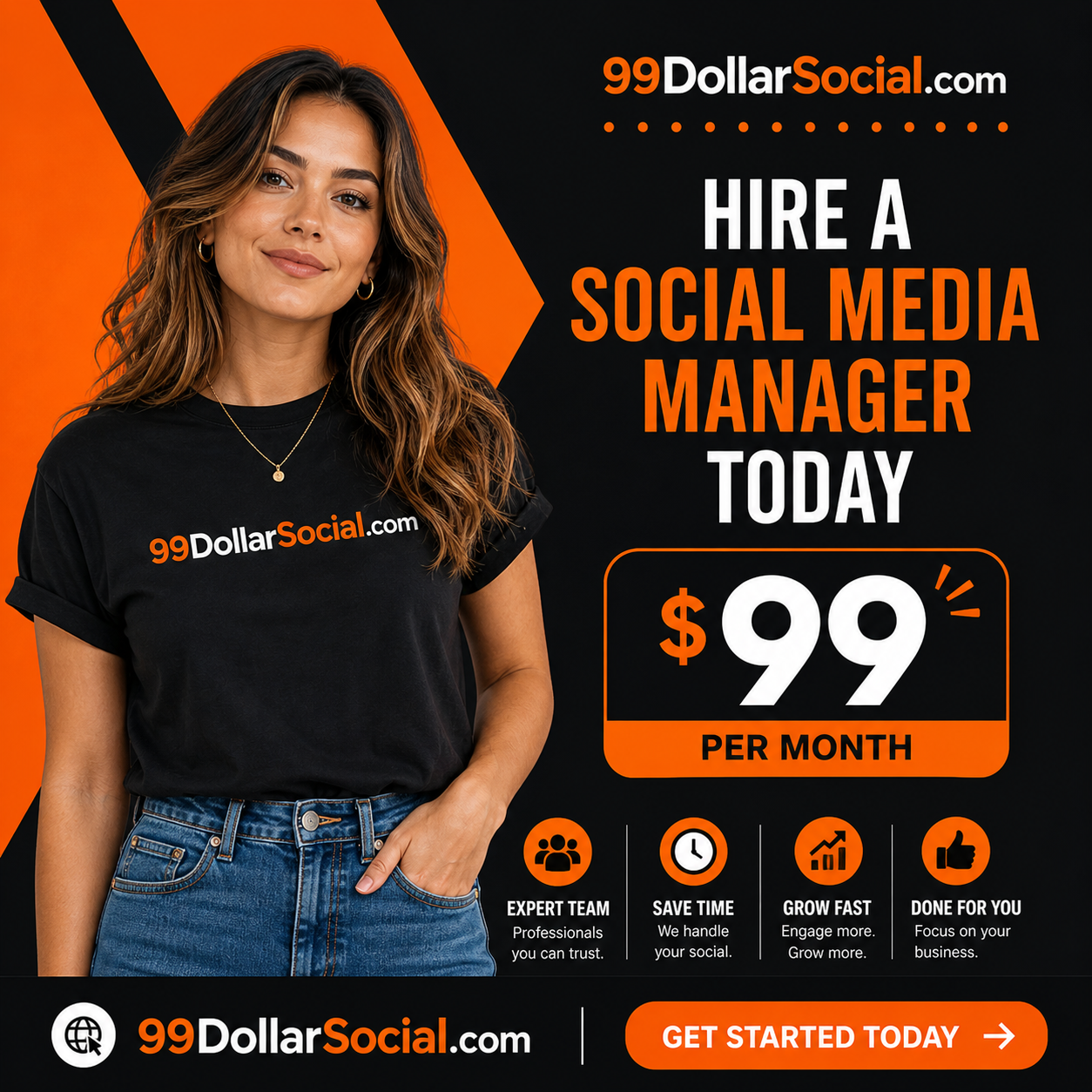 99DollarSocial.com Facebook ad: Get SMM starting at $99/month