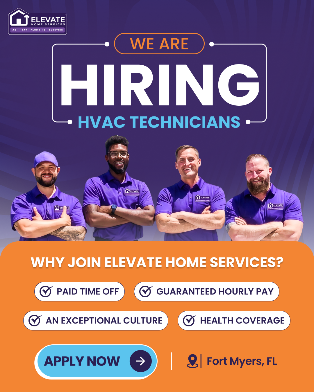 Elevate Home Services Facebook ad: Now Hiring: HVAC Service Technicians