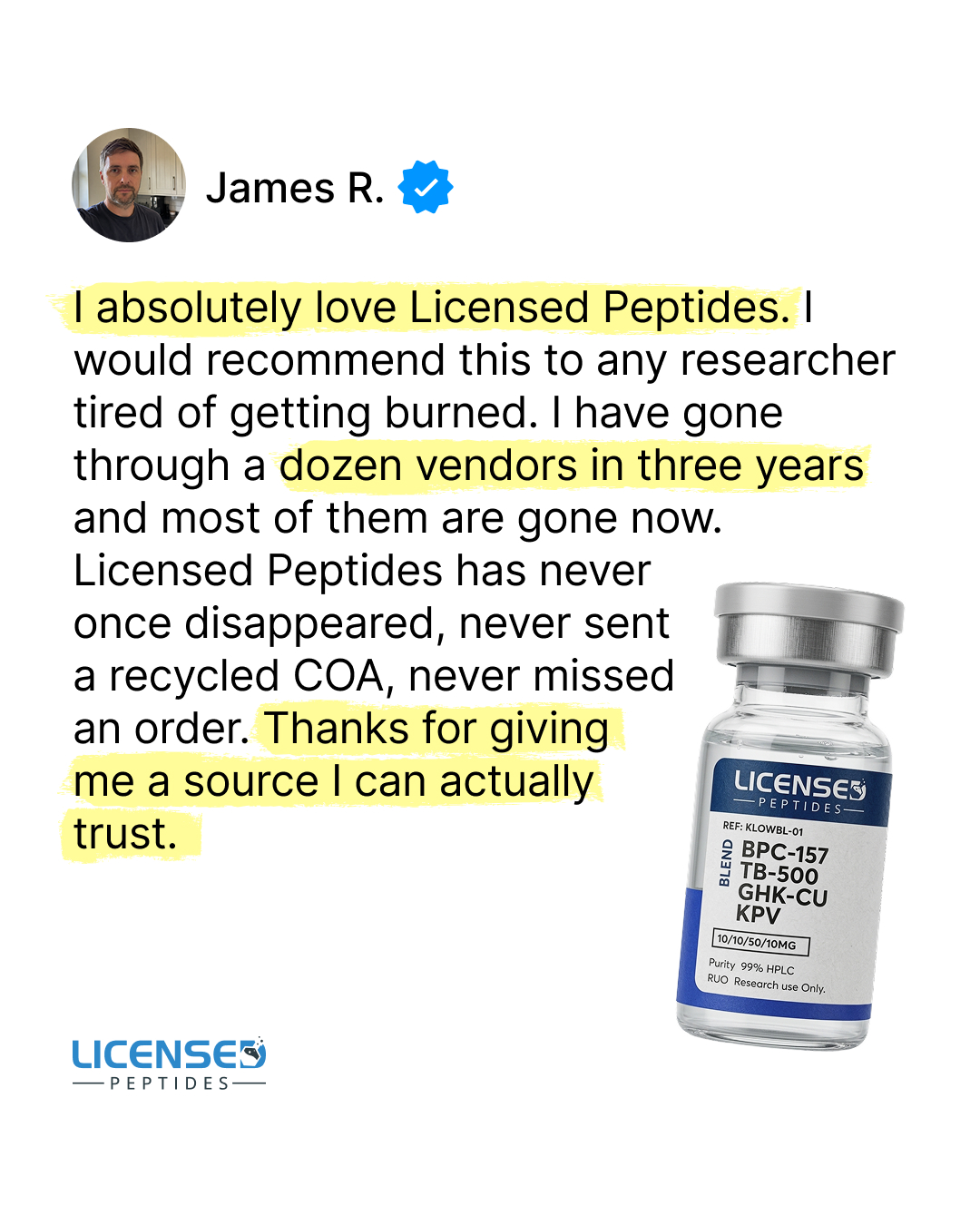 LicensedPeptides.com Facebook ad: Don't Trust Us. Verify Us.