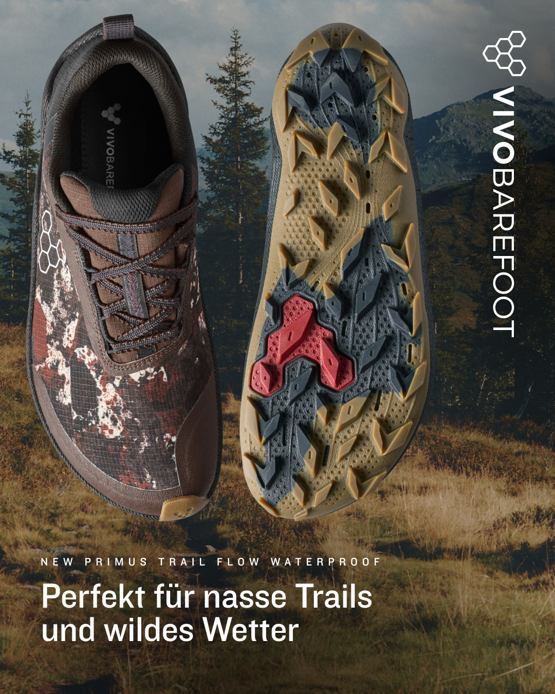 Vivobarefoot Facebook ad: Schwierges Gelände. Trockene Füße. Perfekter Griff
