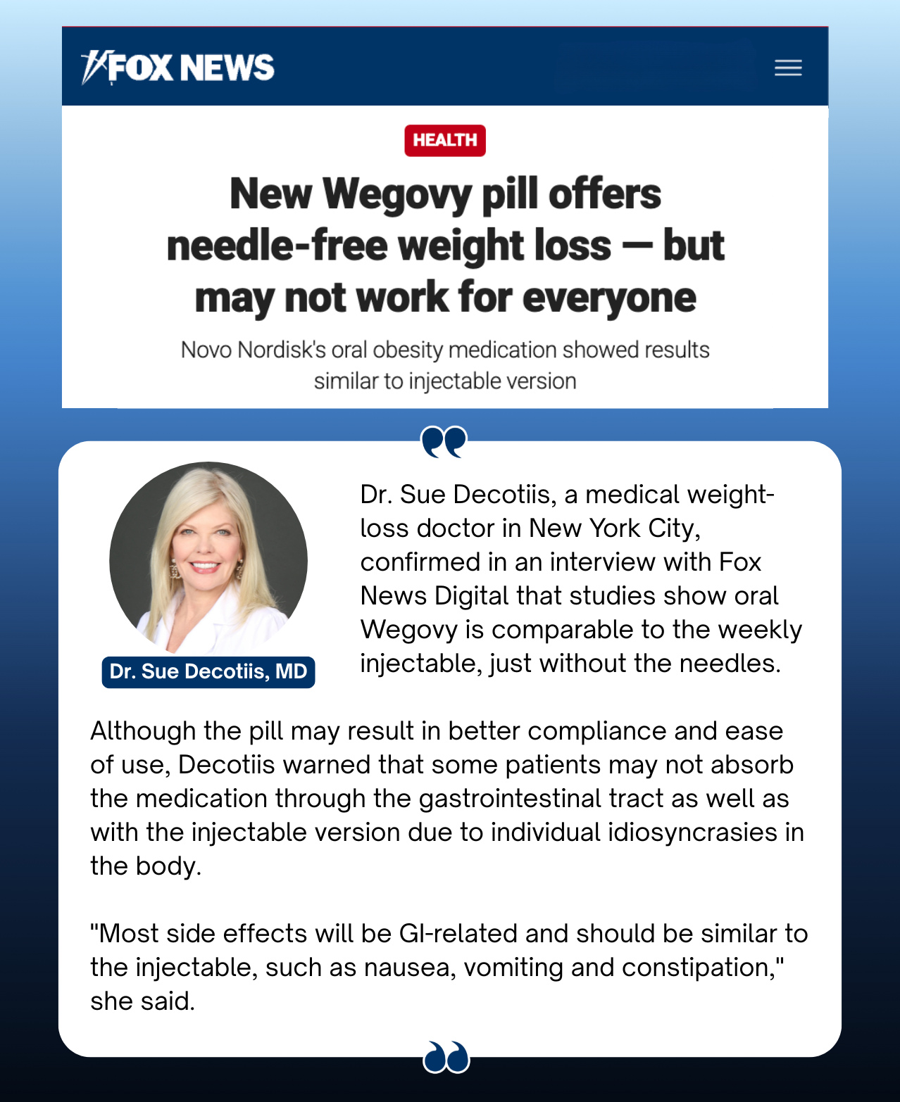 Dr. Sue Decotiis, MD - Medical Weight Loss + HRT Physician Facebook ad: In the news!: As new options for medical…