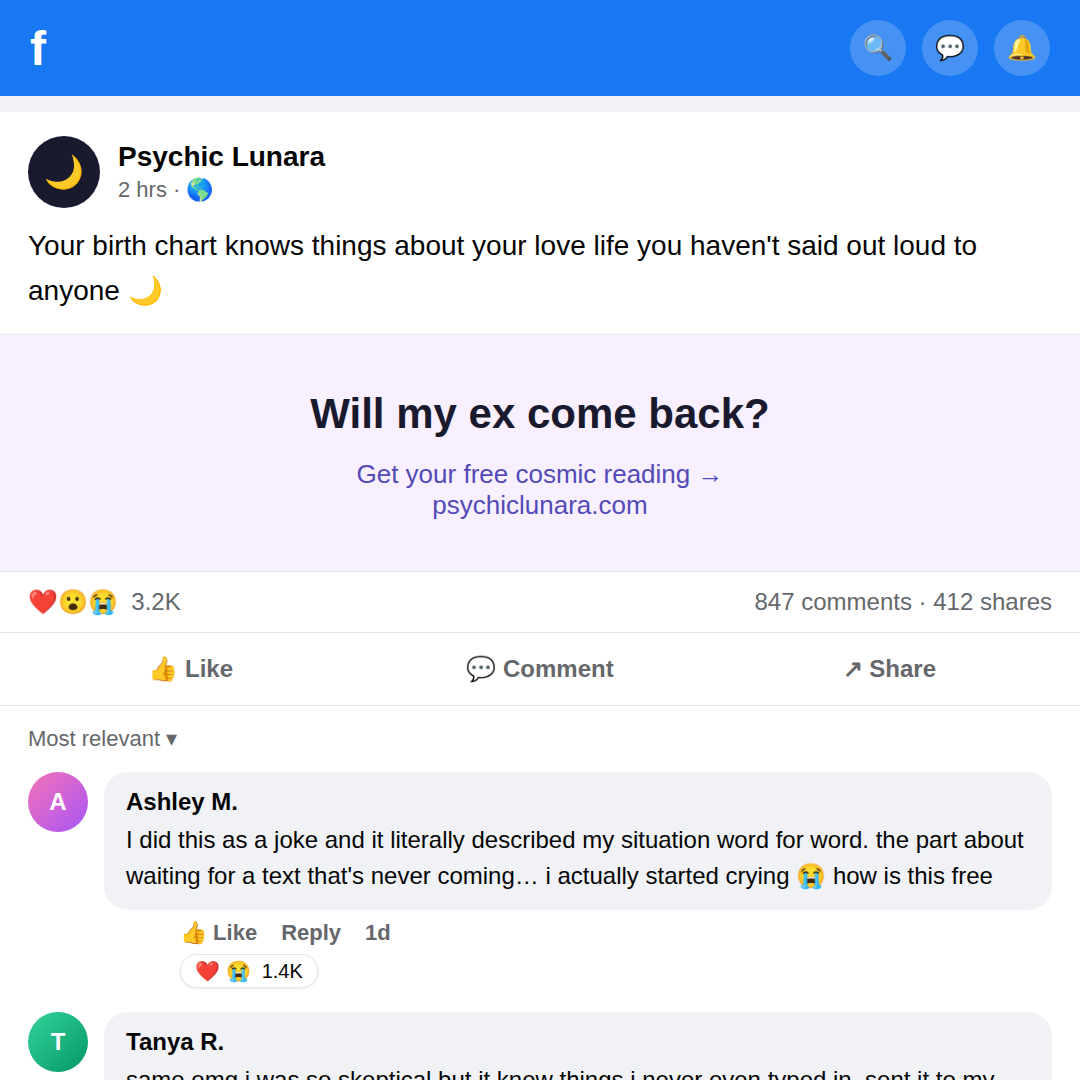 Psychic Lunara Facebook ad: She knew things I never typed in �