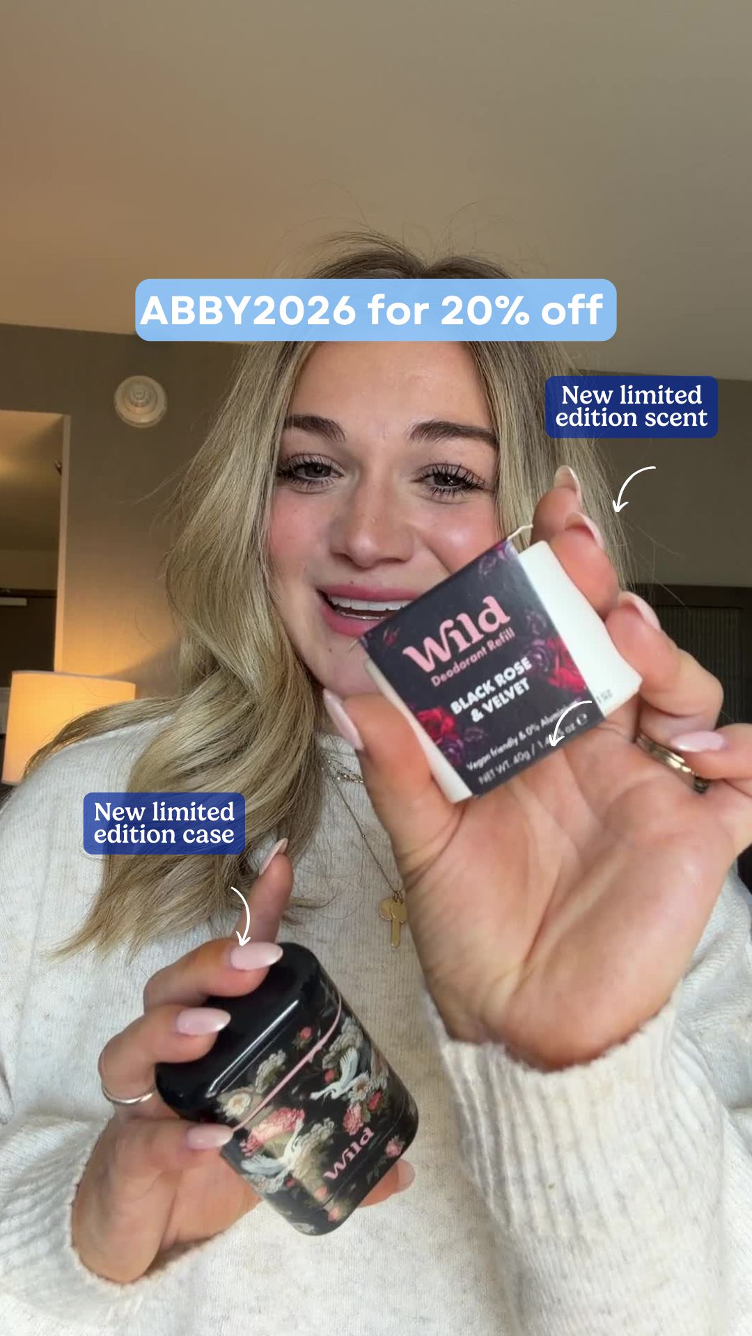 Wild Facebook ad: Get 20% off all Wild products with code ABBY2026