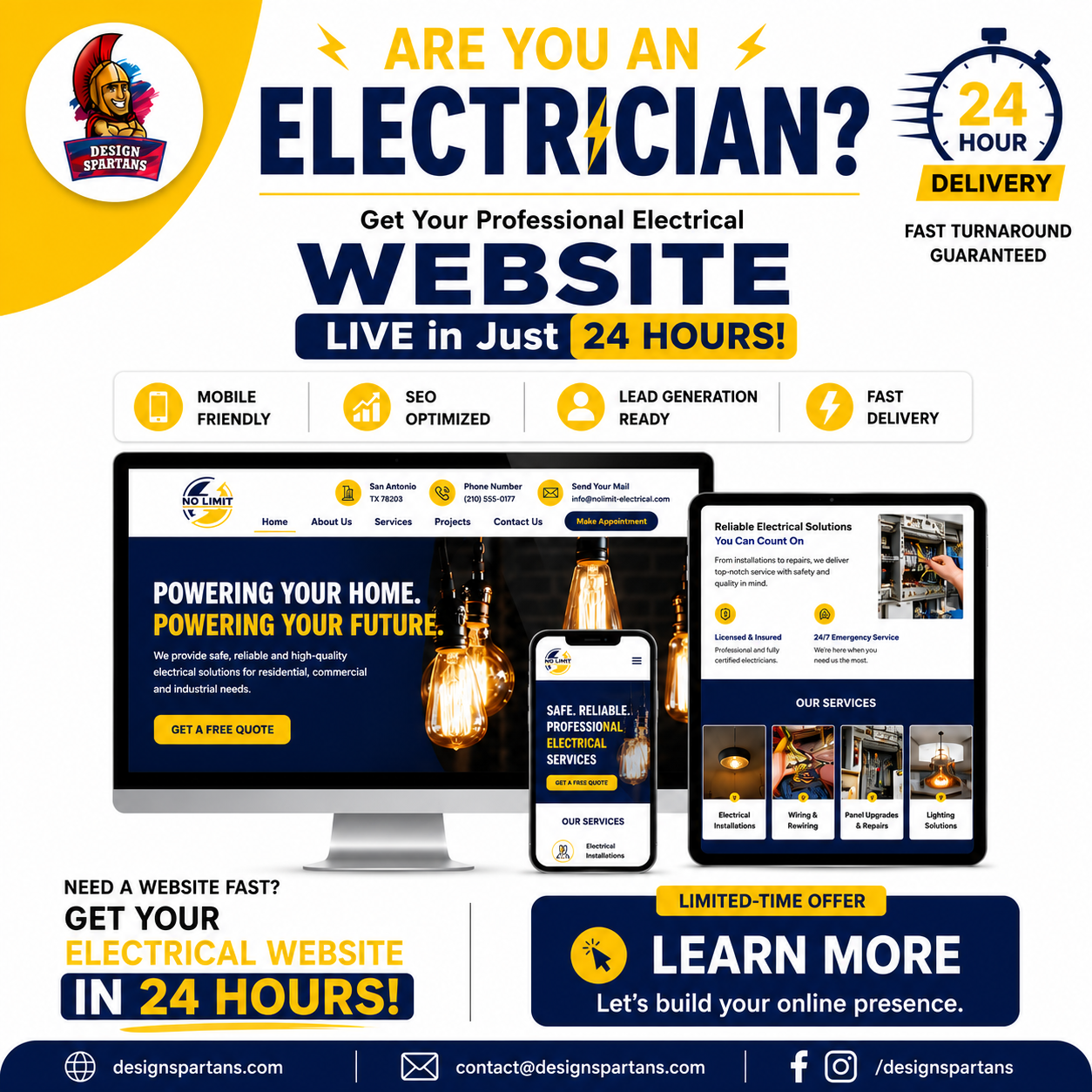 Design Spartans Facebook ad: Electrician: Need a Website Fast?