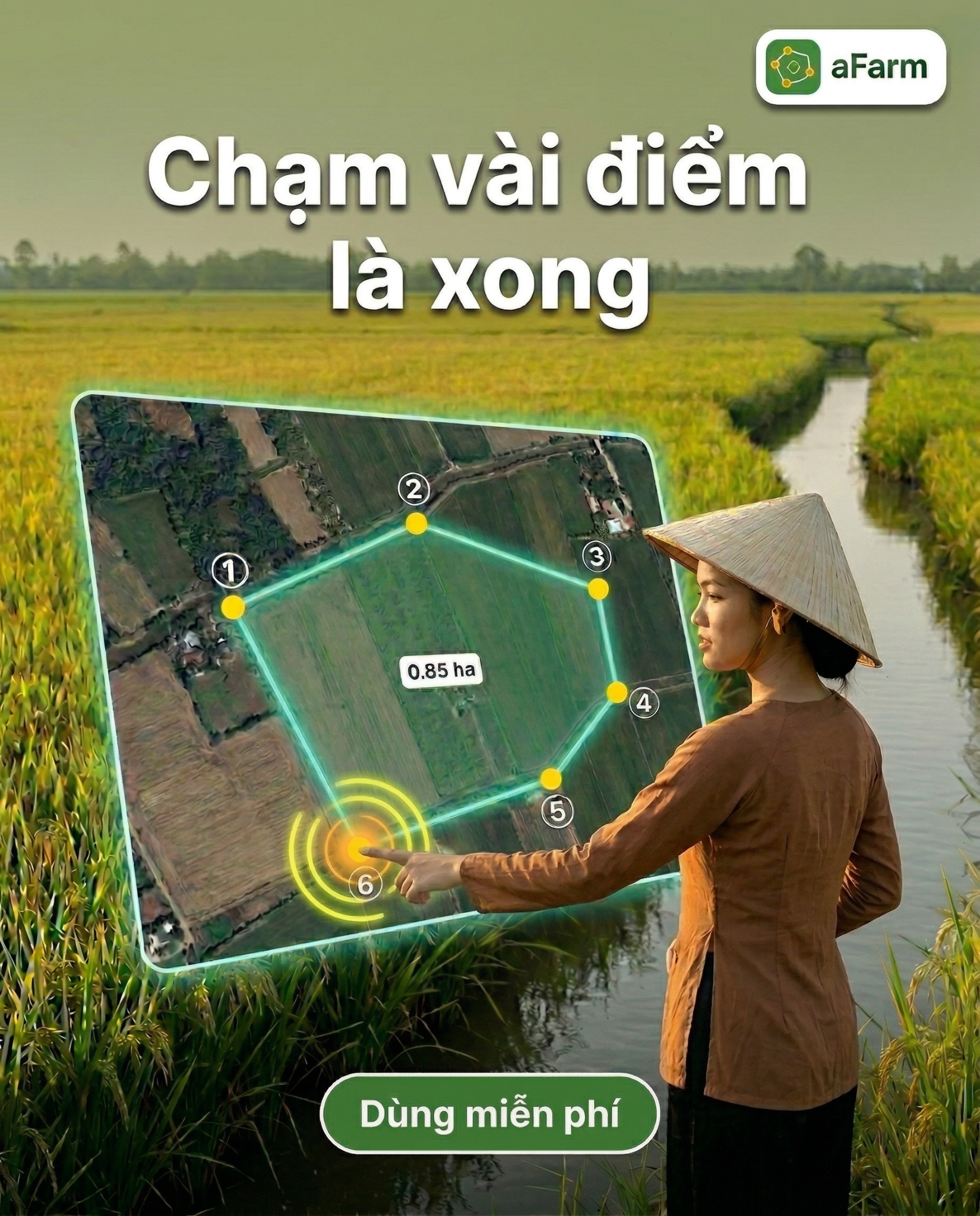 United F&G Facebook ad: Chỉ với một lần chạm, đo đạc đất đai chính xác. Bản đồ AI…