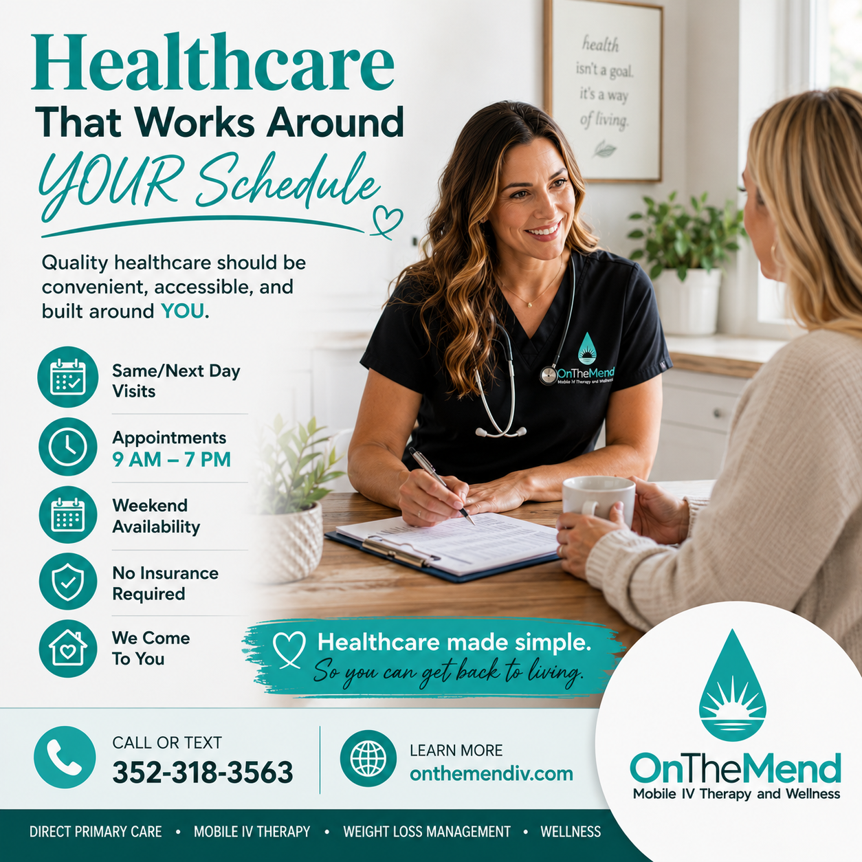 On The Mend Mobile IV Therapy & Wellness Facebook ad: No Insurance? No Problem.