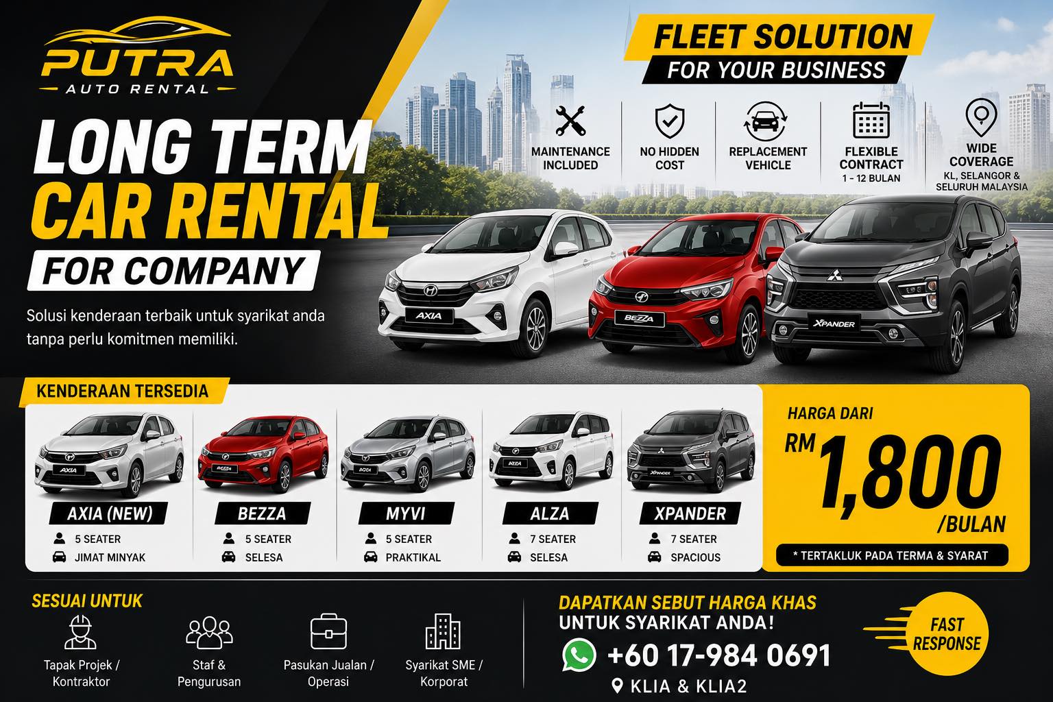 Klia / Klia2 Car Rental By Putra Facebook ad: LONG TERM CAR RENTAL FOR COMPANY