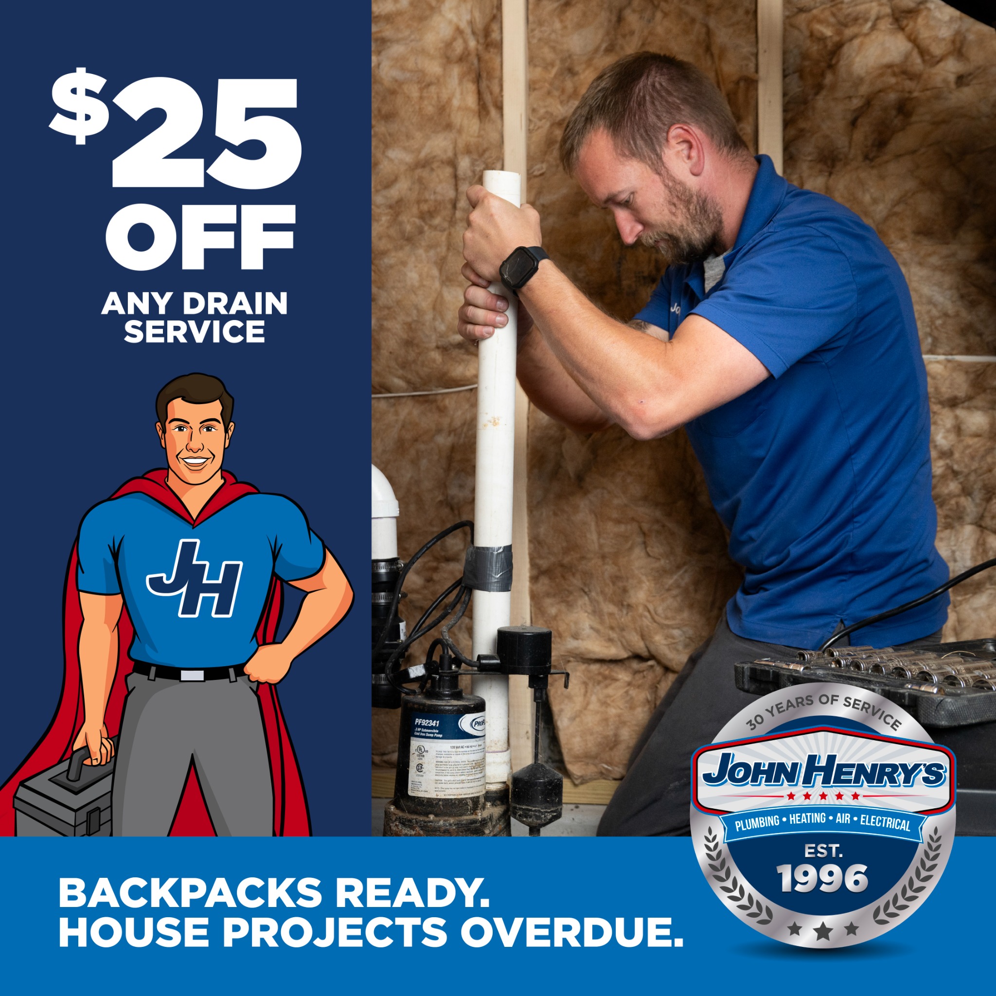 John Henry's Plumbing, Heating, Air & Electrical- Omaha, NE Facebook ad from Aug 10, 2026