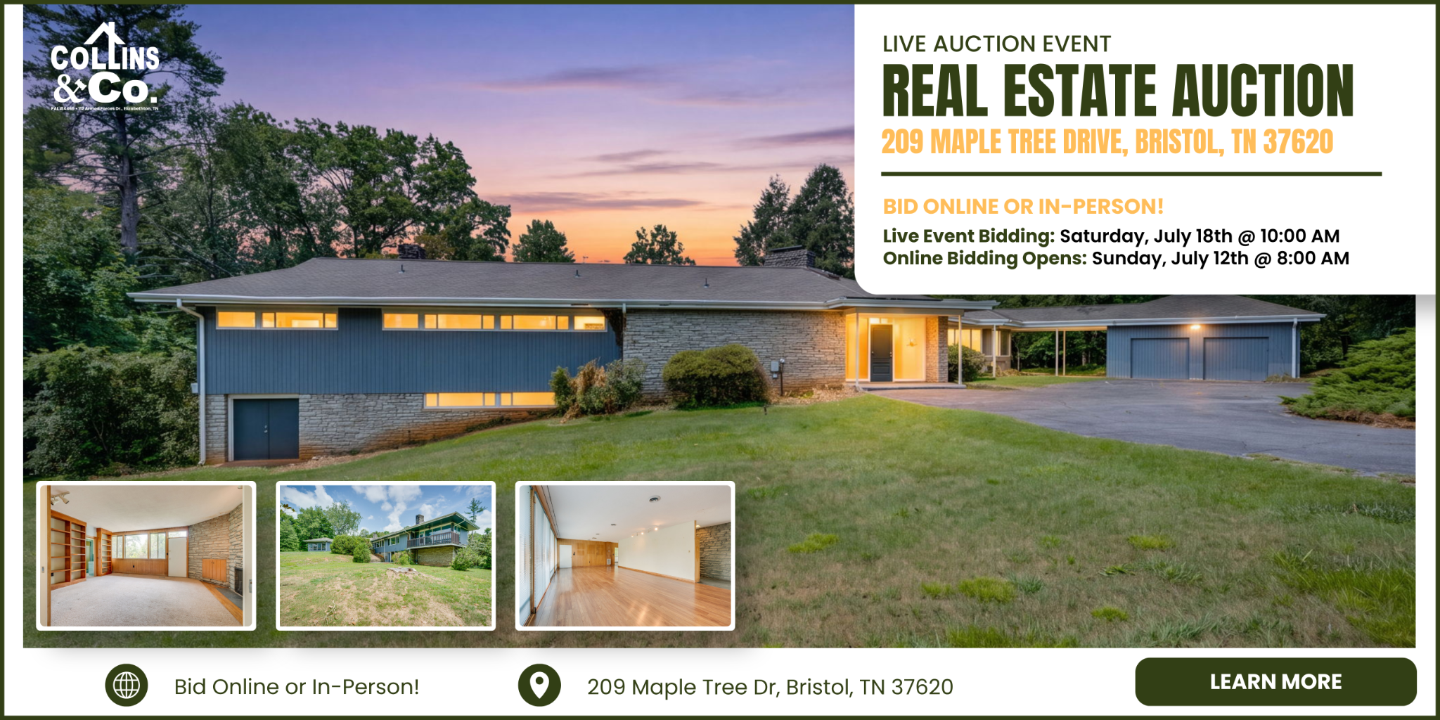 Collins & Co Realtors and Auctioneers Facebook ad: LIVE AUCTION, Saturday, July 18th @ 10:00 AM