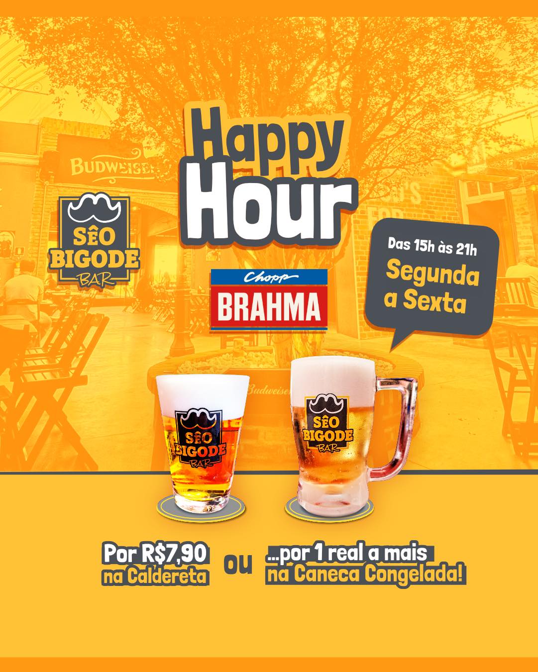 Sêo Bigode Bar Facebook ad: Happy Hour no Sêo Bigode é tradição!