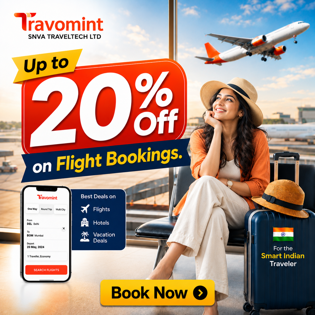 Travomint Facebook ad: Up to 20% OFF on Flight Bookings