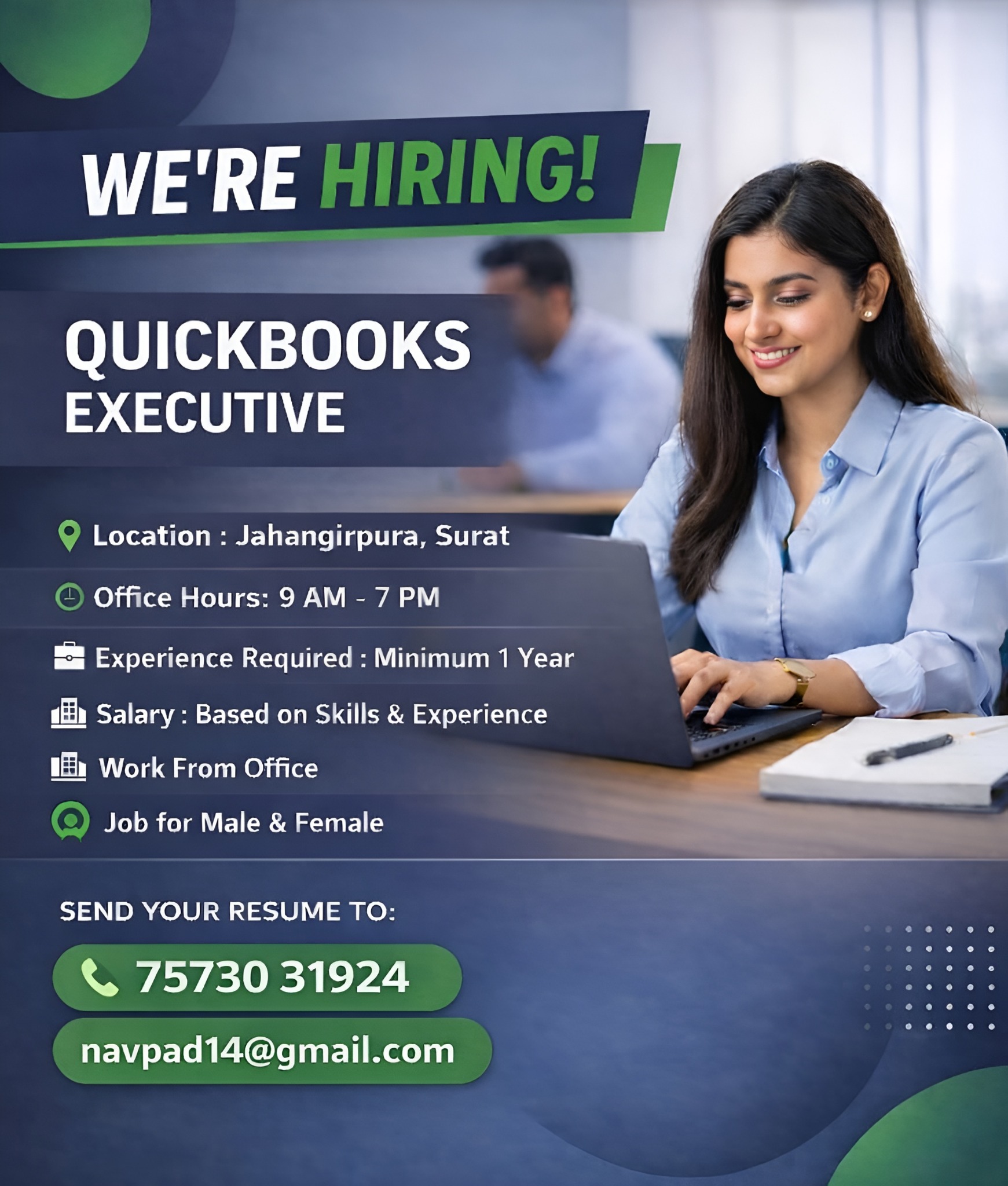 Navpada sales Facebook ad: We are hiring QuickBooks Executive in Surat!