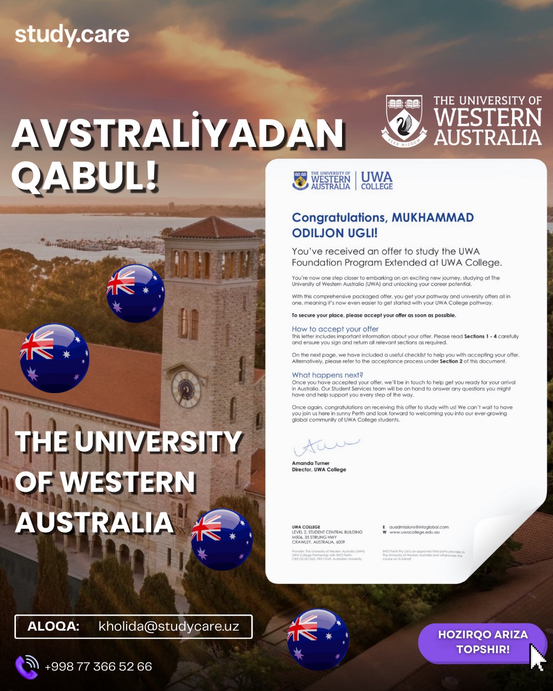 Studycare Uzbekistan Facebook ad: Avstraliyadan qabul oldik!