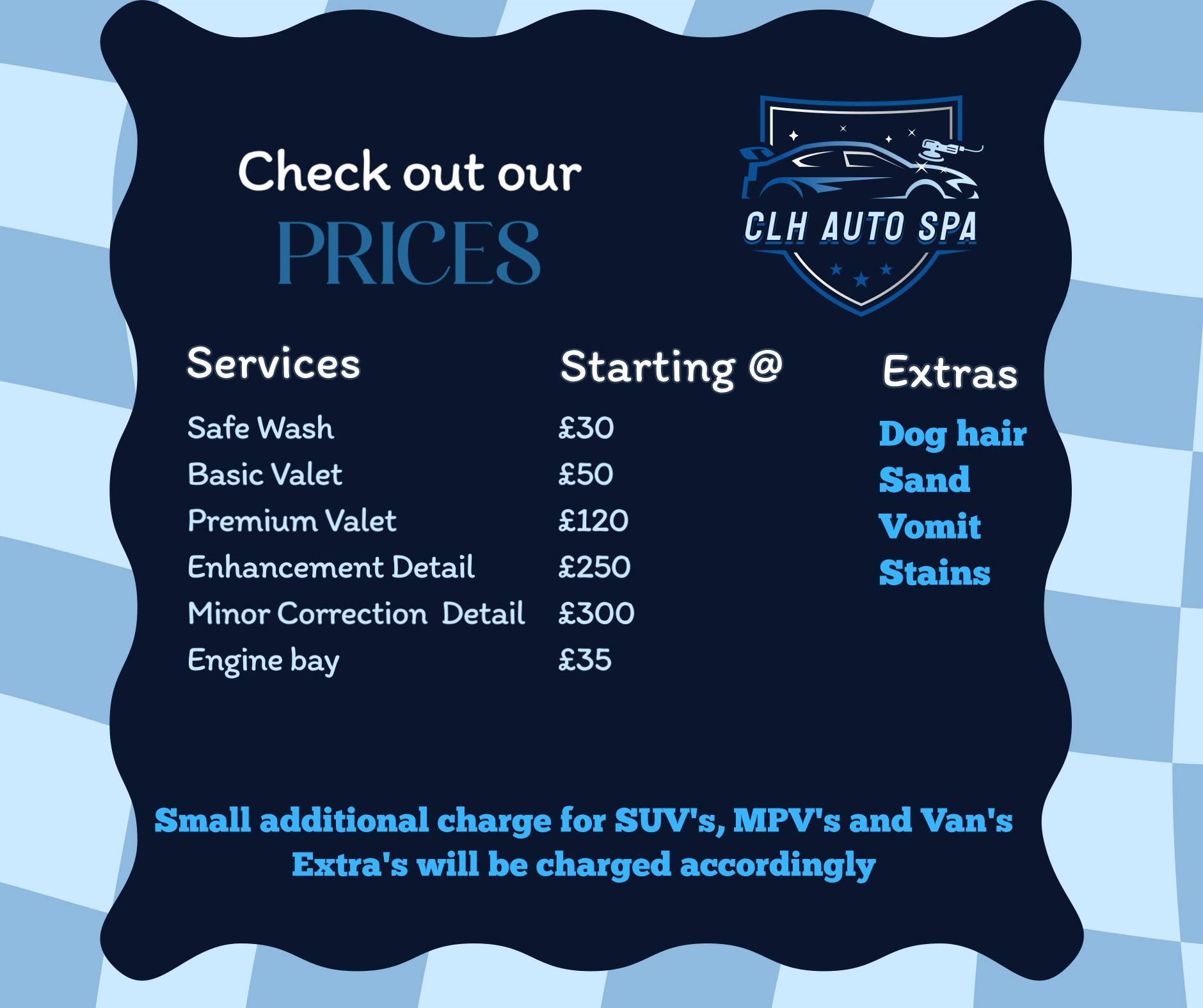 CLH Auto Spa Facebook ad: Updated pricelist for Mobile Valeting and Detailing