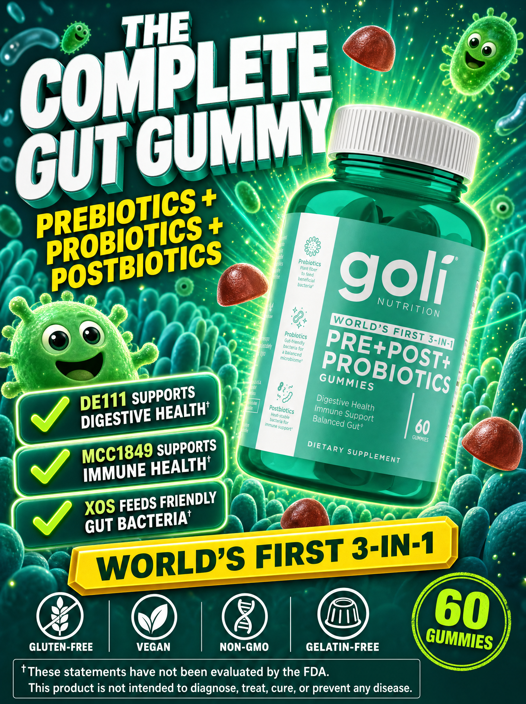 Goli Facebook ad: Three Biotics. One Gummy. World's First.