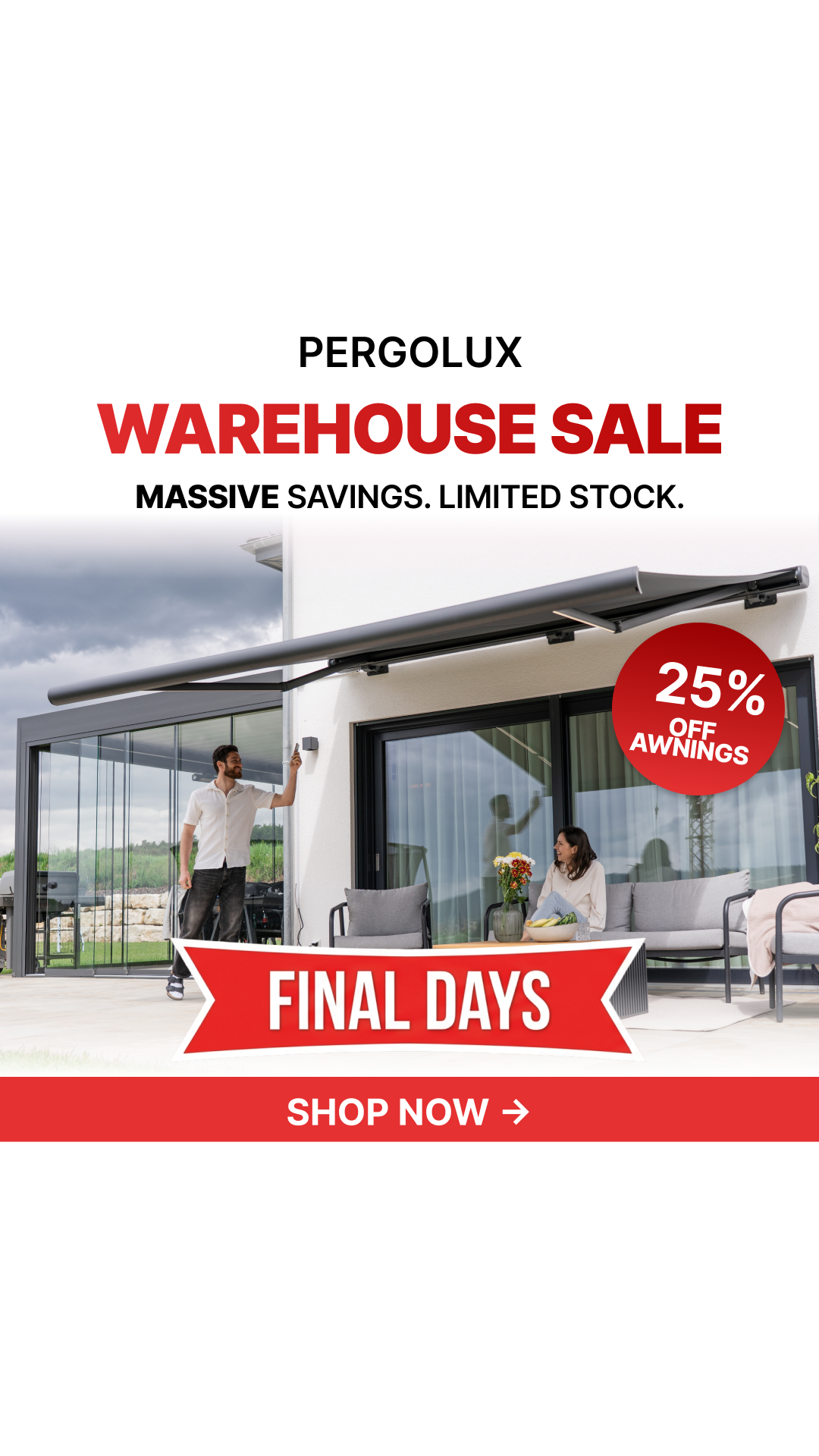 pergolux.au Facebook ad: 25% Off All Awnings