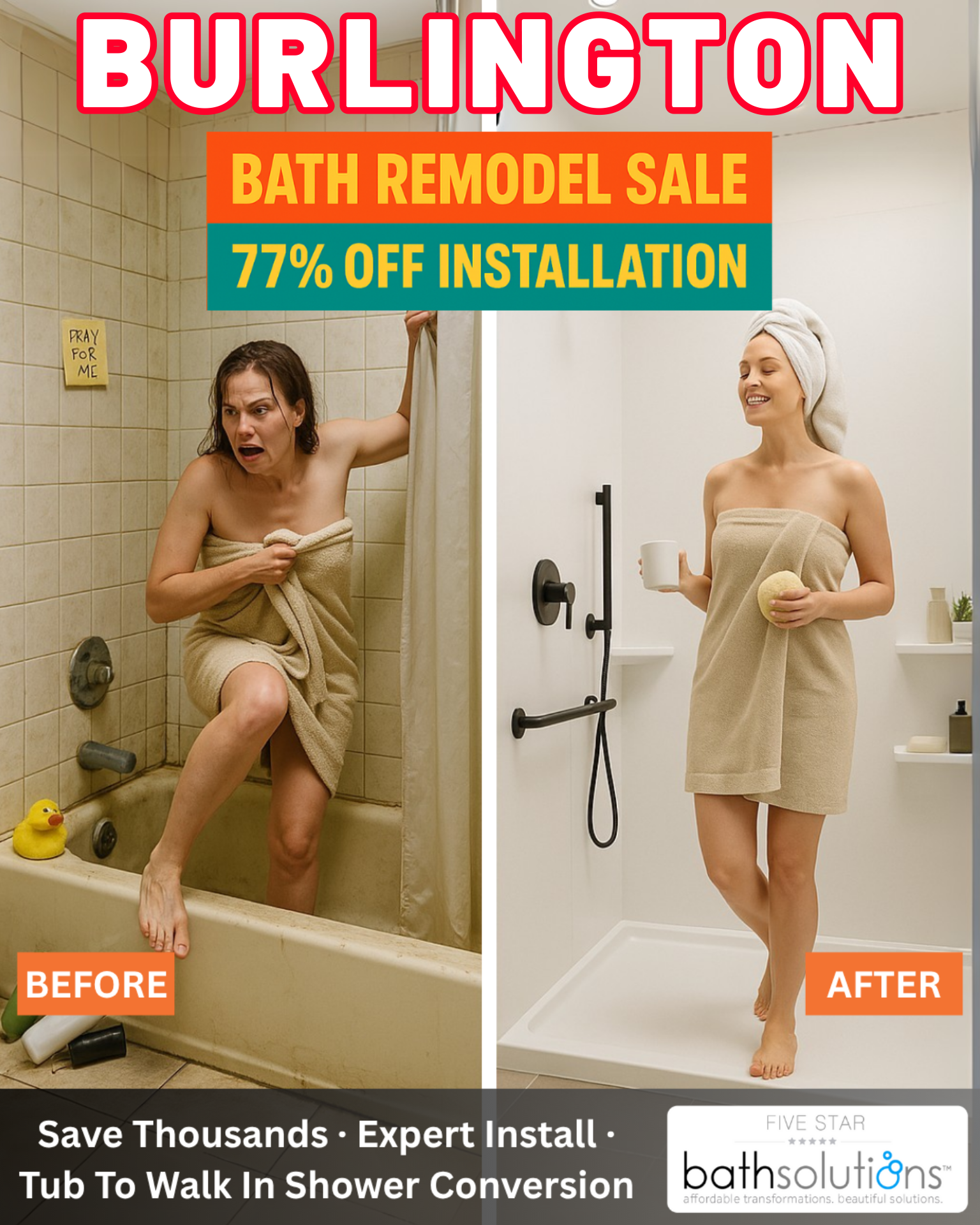 Five Star Bath Solutions Facebook ad: Save Thousands On A Bath Remodel In Burlington