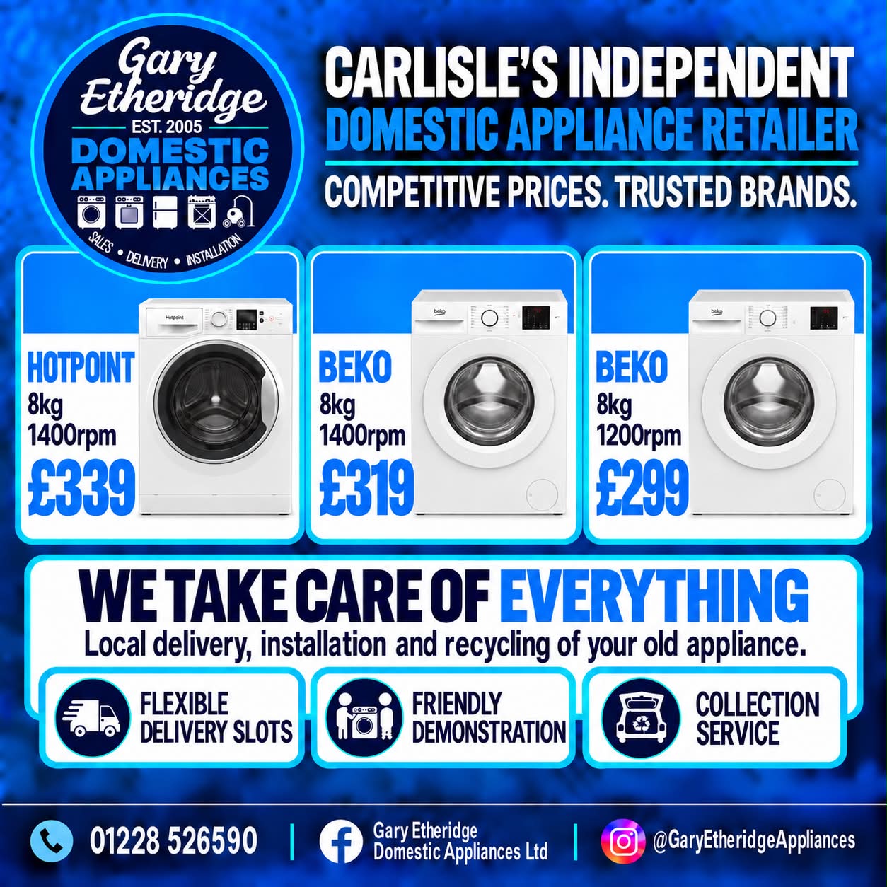 Gary Etheridge Domestic Appliances Ltd Facebook ad: 8kg Washing Machines from £299