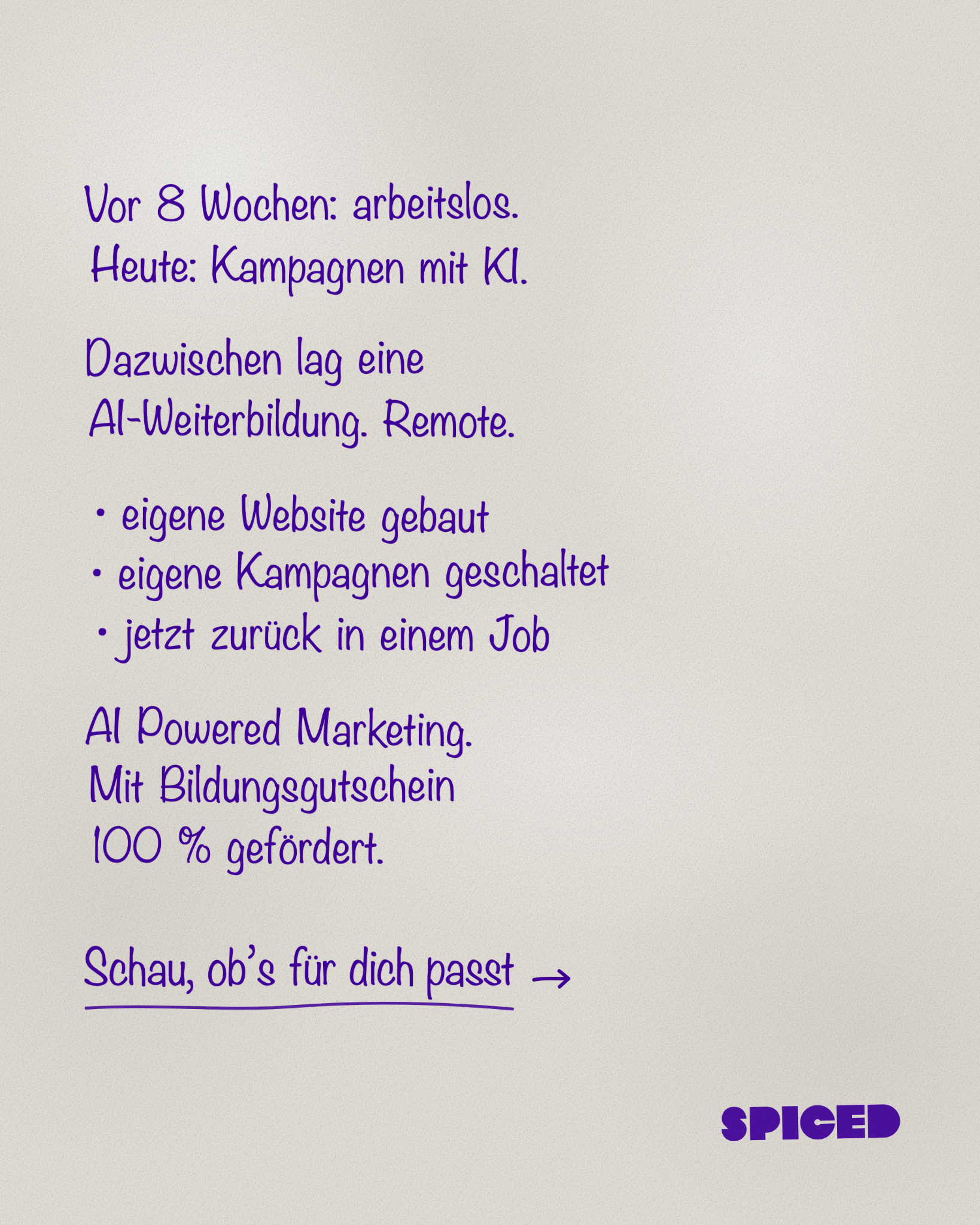Spiced Academy Facebook ad: Arbeitslos? Starte neu in Digital & AI-Marketing, 100%…