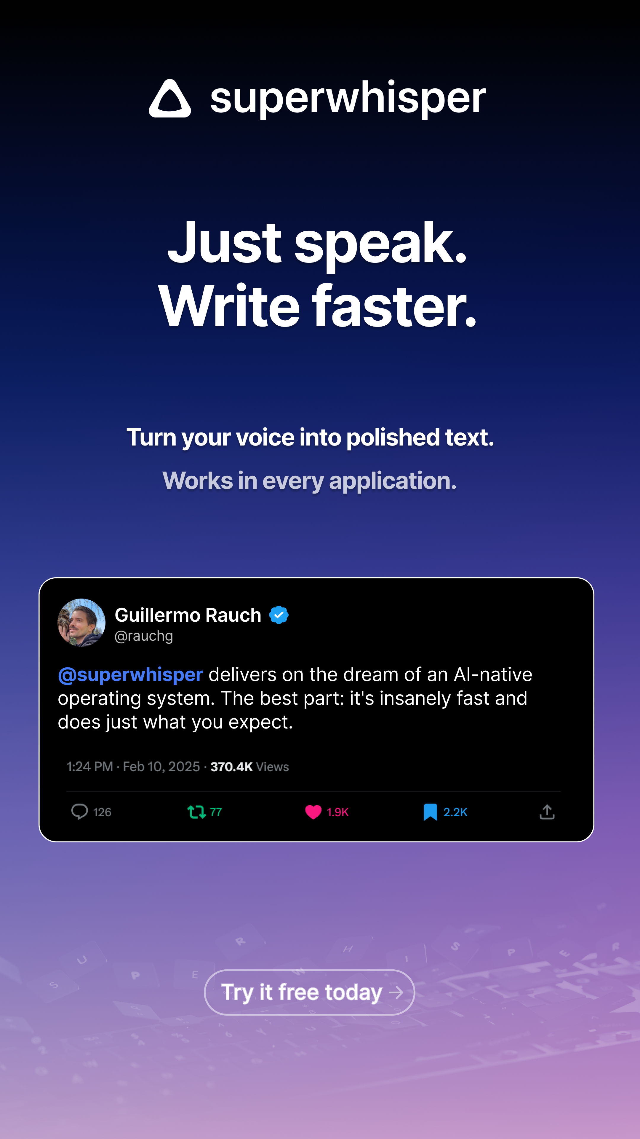 superwhisper Facebook ad from May 12, 2026