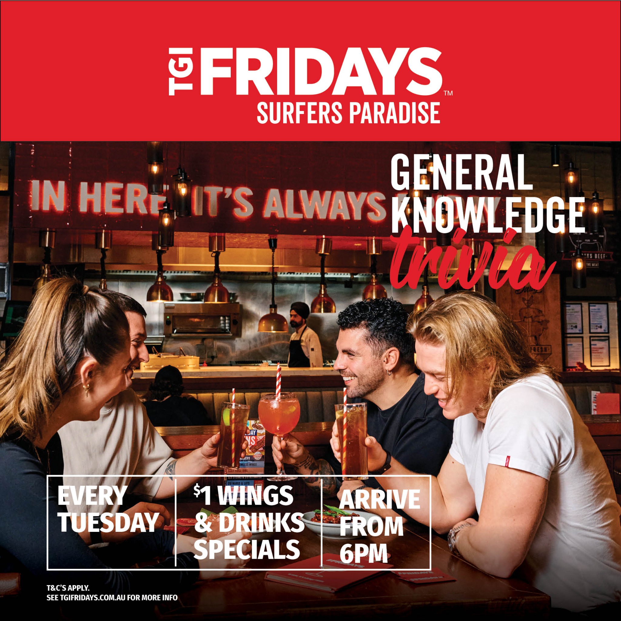 TGI Fridays Surfers Paradise Facebook ad: Free Trivia Night | Prizes | $1 Wings