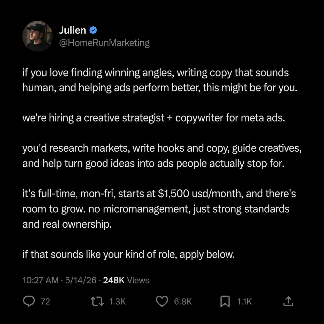 Home Run Marketing Facebook ad: Apply Today!
