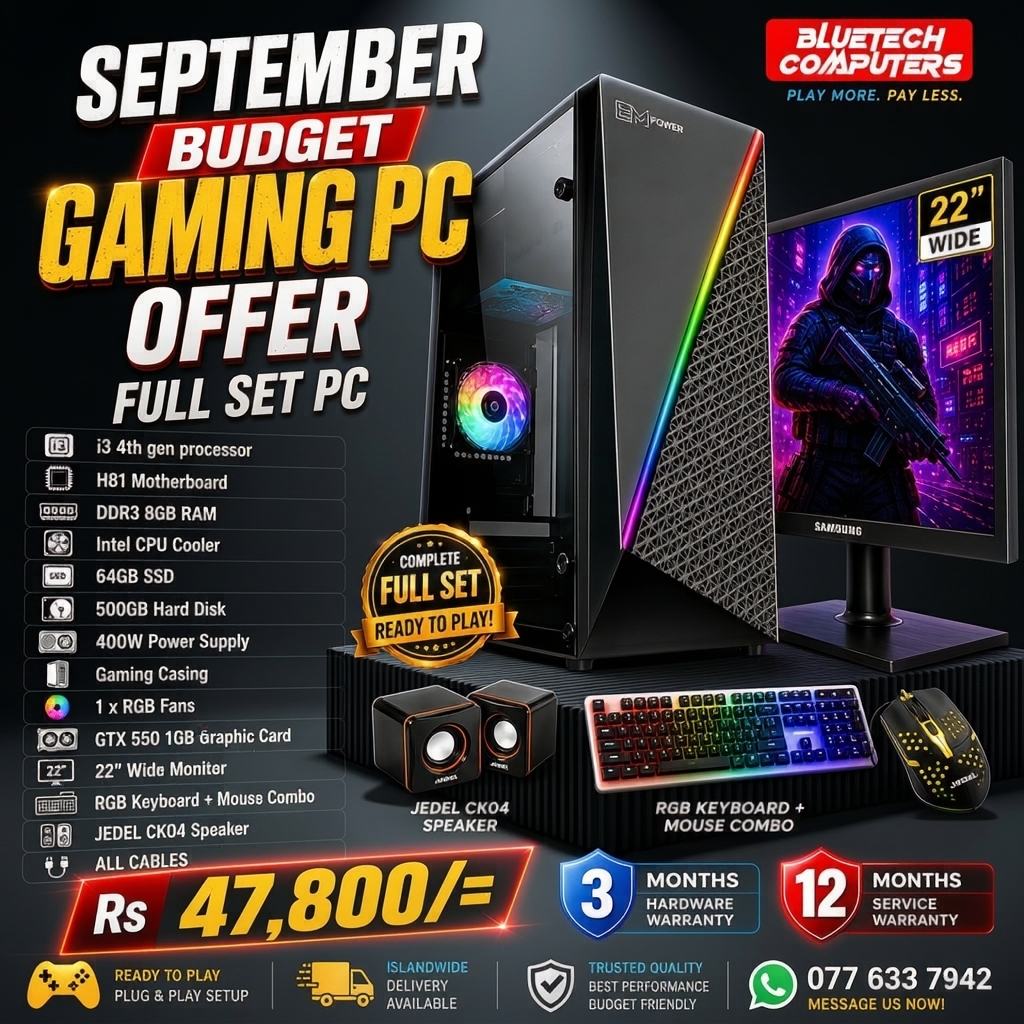 BlueTech Computers Facebook ad: Budget Gaming PC Full Set, Rs. 47,800/-