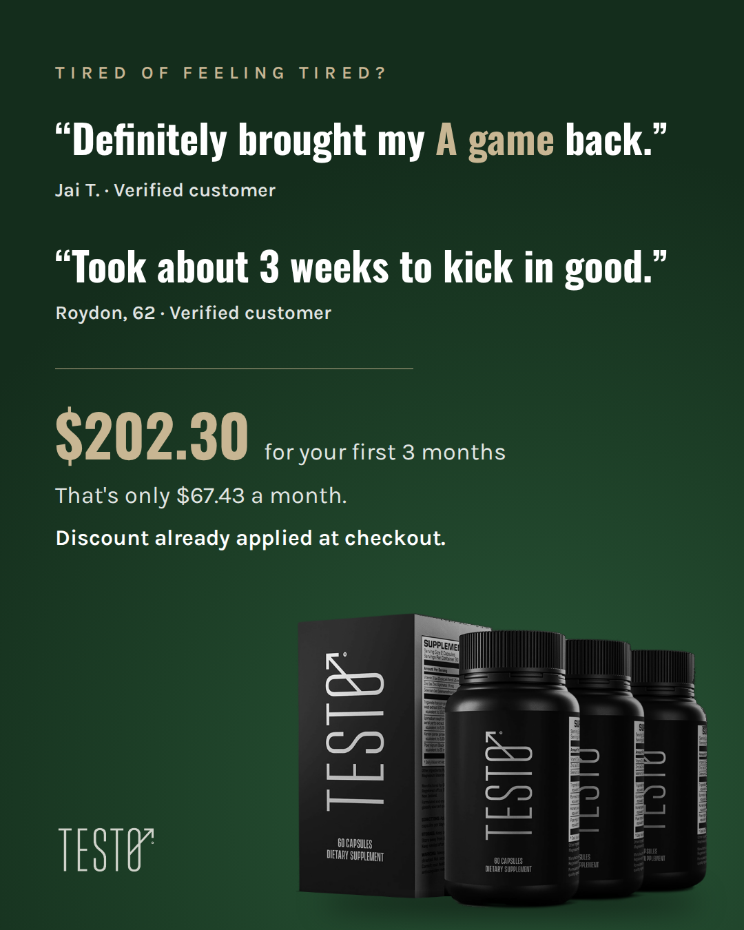 TESTO Facebook ad: Get your A game back. $35.70 off.