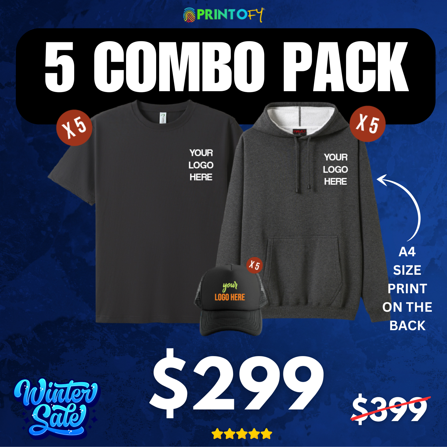 Printofy AU-NZ Facebook ad: 5 Tees + 5 Hoodies + 5 Hats