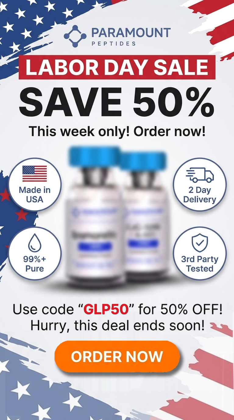 Paramount Peptides Sale Facebook ad: 50% OFF GIP's Labor Day Sale!