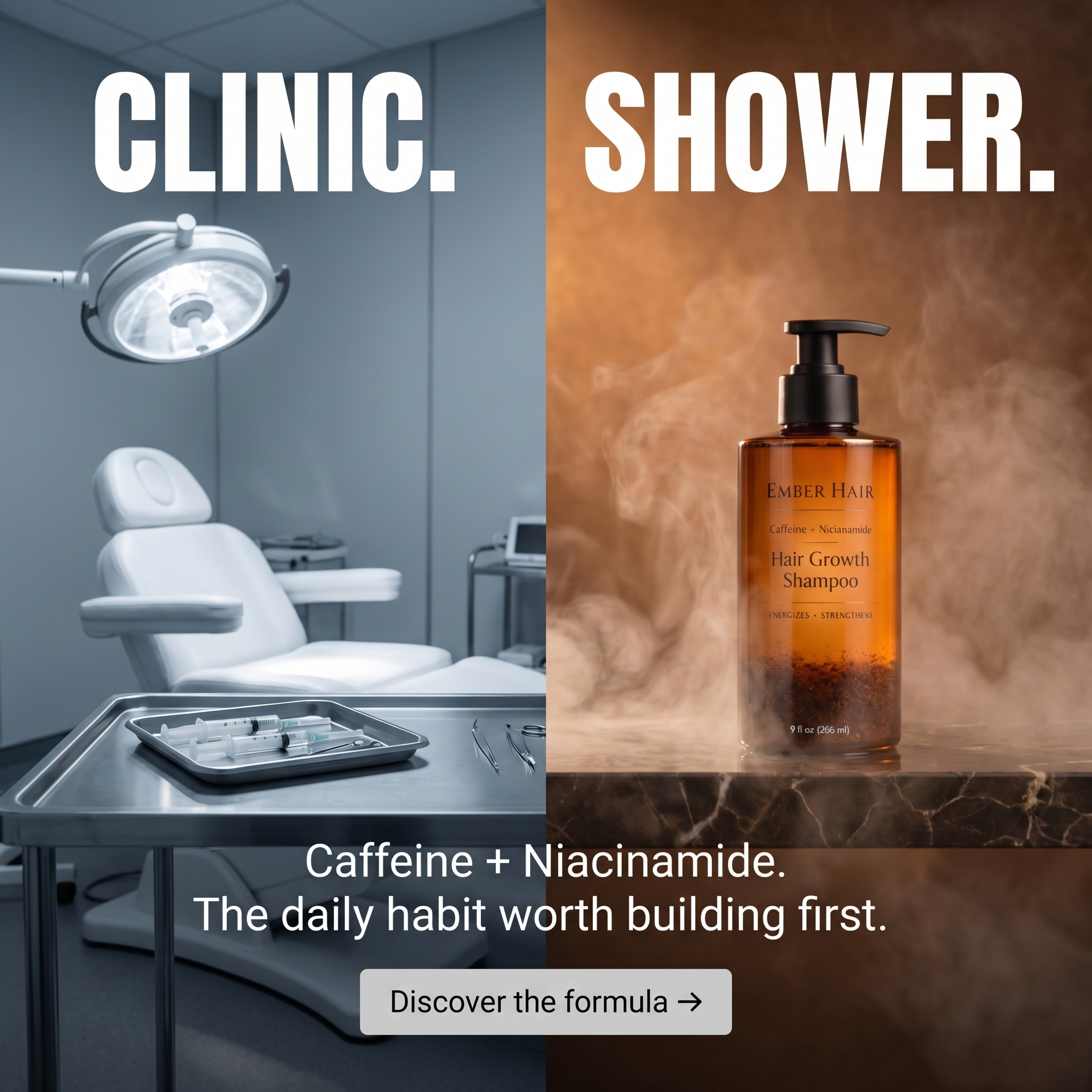 Ember Hair Co. Facebook ad: PRP costs $3,500 a year. Your shower costs a lot less.
