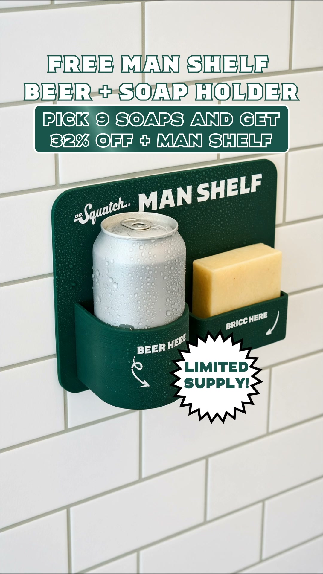 Dr. Squatch Facebook ad: FREE SHOWER BEER HOLDER + 32% OFF