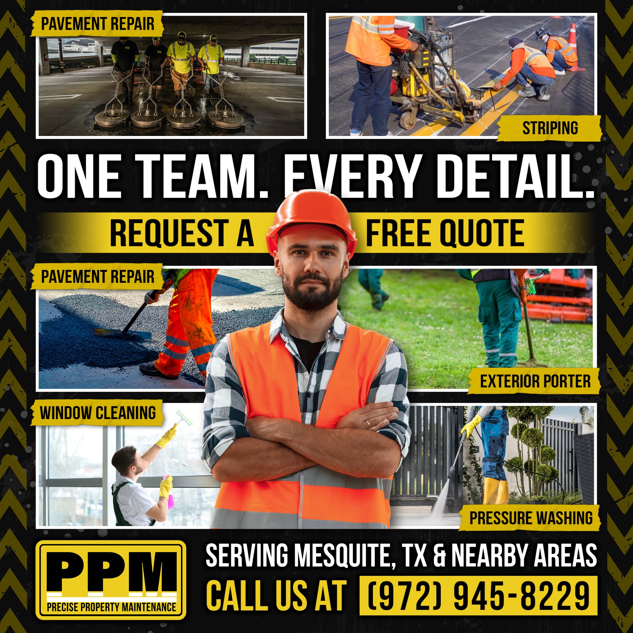 Precise Property Maintenance Facebook ad: Asphalt Cracks? Line Fading? The PPM Team Got Your Back!