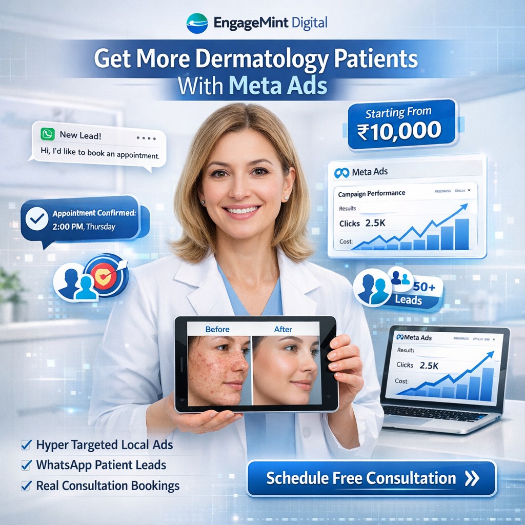 EngageMint Digital Facebook ad: Many dermatology clinics struggle with empty appointment…
